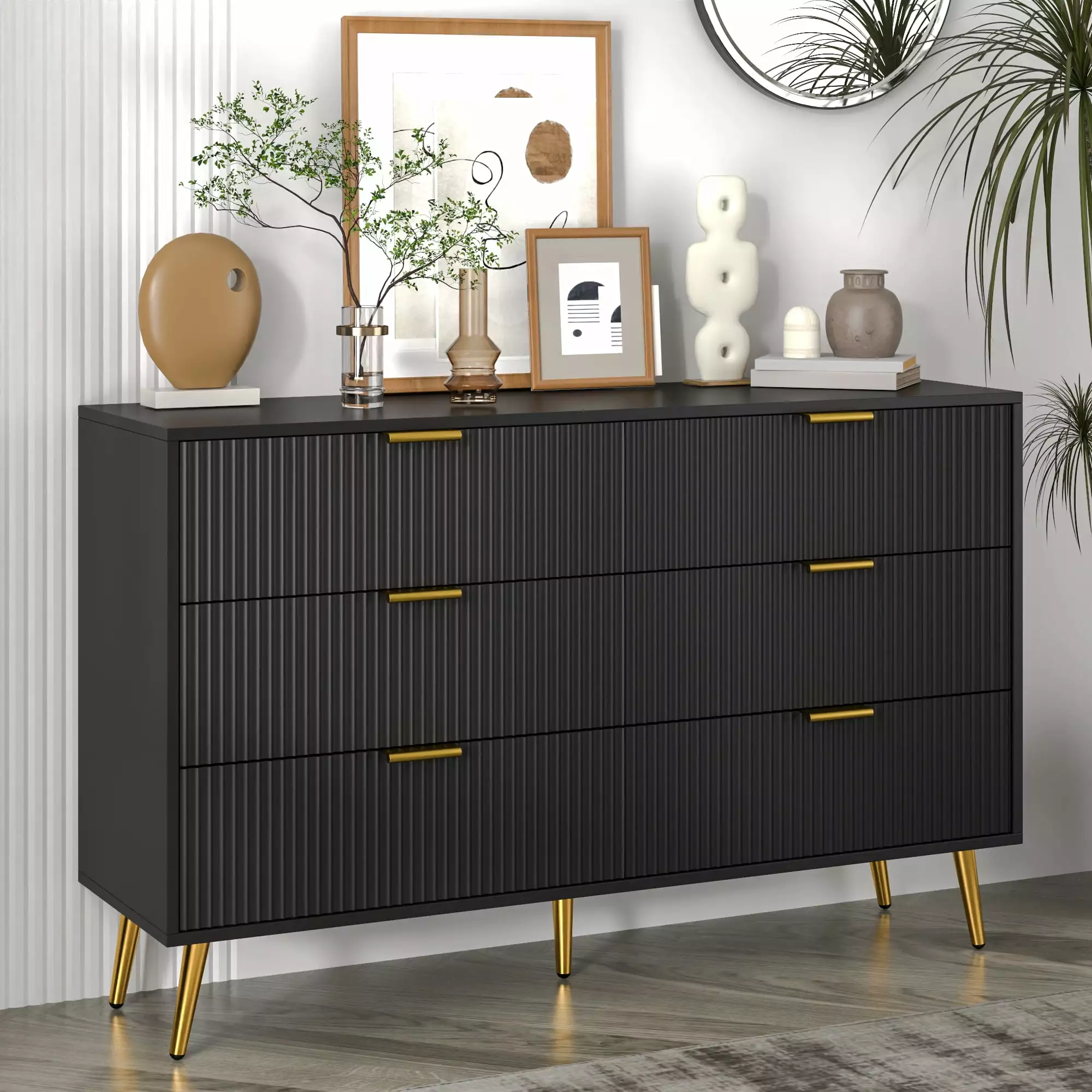 Oubayajia Modern Bedroom 6 Drawer Dresser. Wood Storage Chest of Drawers with Fluted Panel. Black