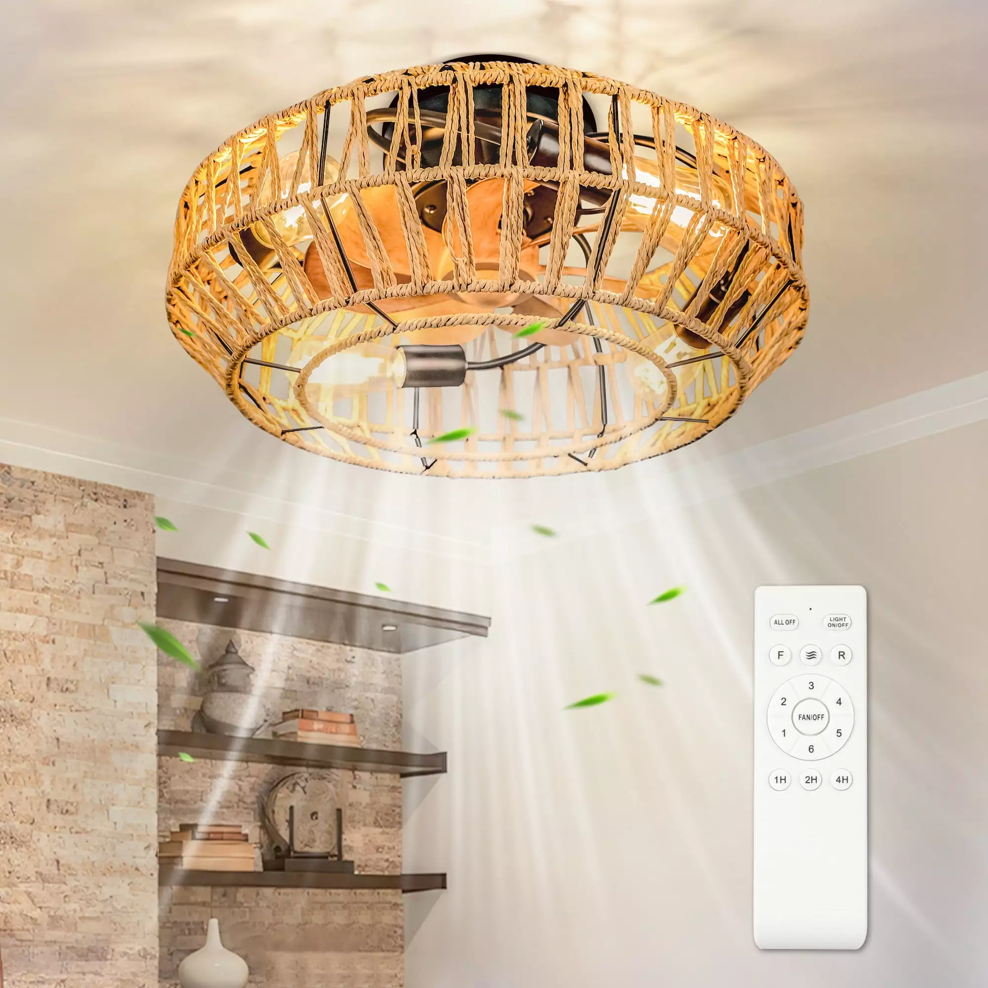 OUTON 18.8 Caged Ceiling Fan with Light. Dimmable 3 Color Temperature and 6 Speeds. Remote Control and Reverse Airflow for Kitchen Bedroom Living Room. E26 Bulb Base. Rattan