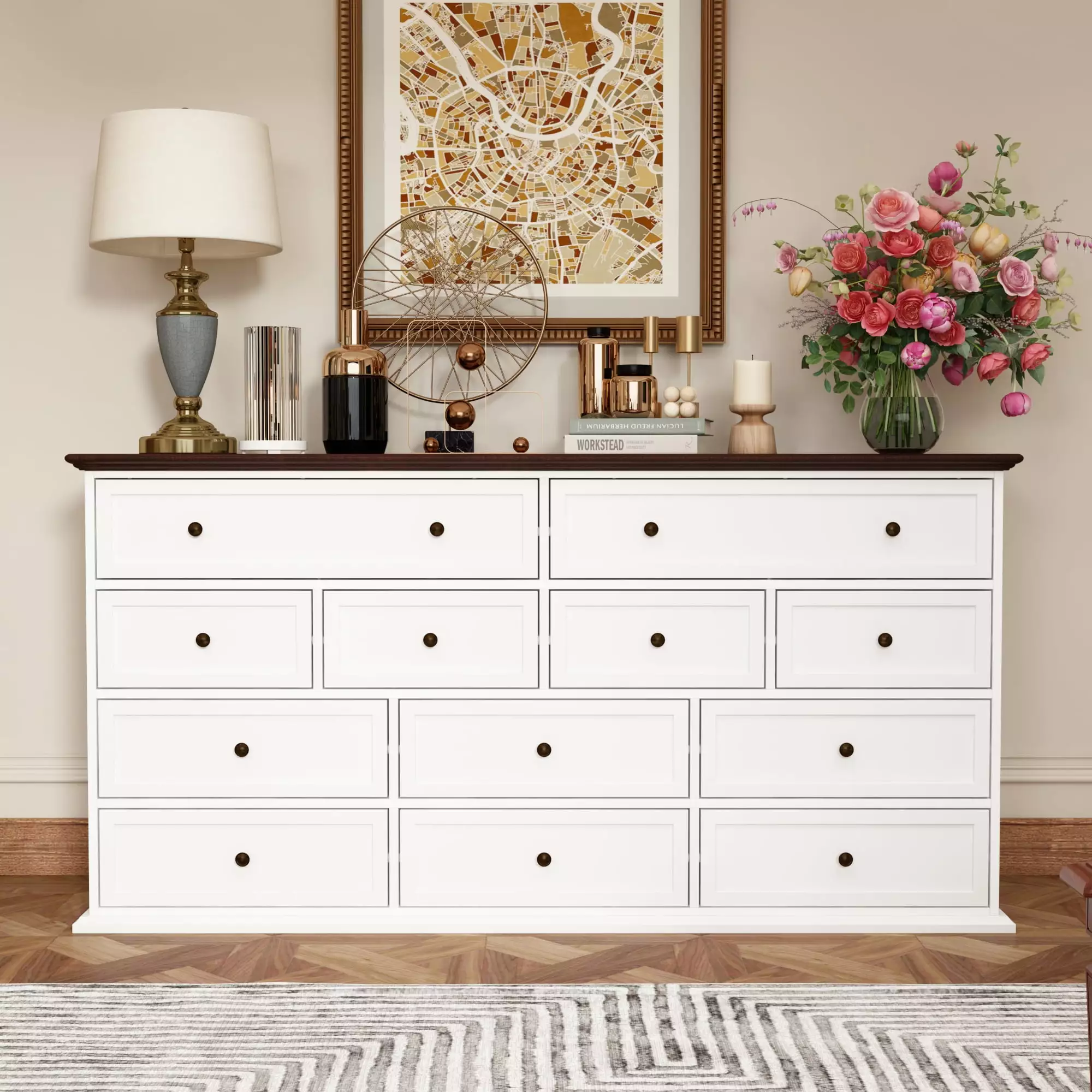 OXYLIFE 12-Drawer Dresser. Chest of Drawer for Bedroom Living Room. White + Brown Top