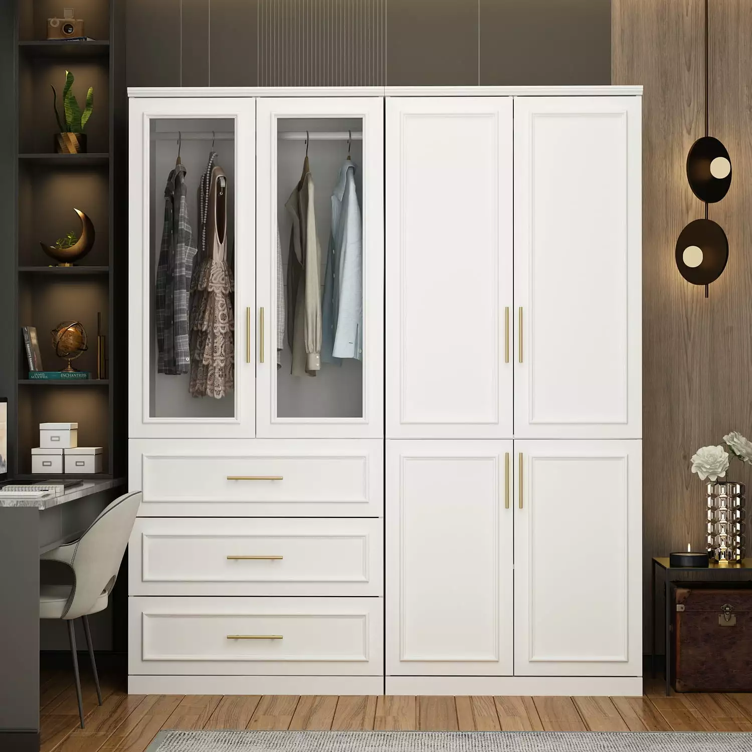 OXYLIFE Wardrobe Armoire Closet Cabinet with Glass Doors. Hanging Rod and 3 Drawers. 63.3 Wide