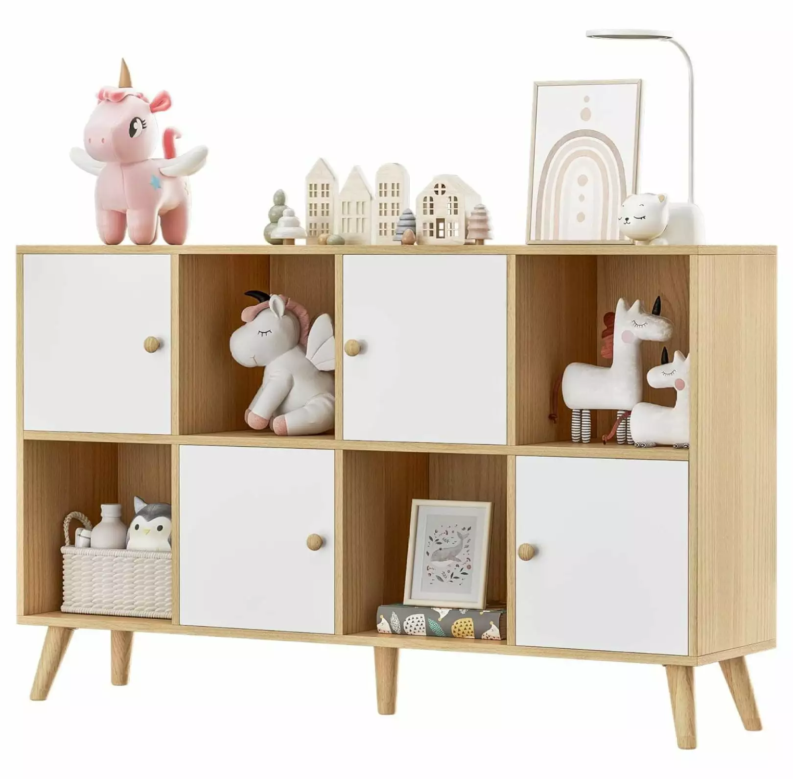 Generic Oak and White 8 Cube Organizer. 2-Tier Bookshelf with Doors. Wooden Cubby Display Bookcase. Storage Cabinet for Living Room. Bedroom. Home Office