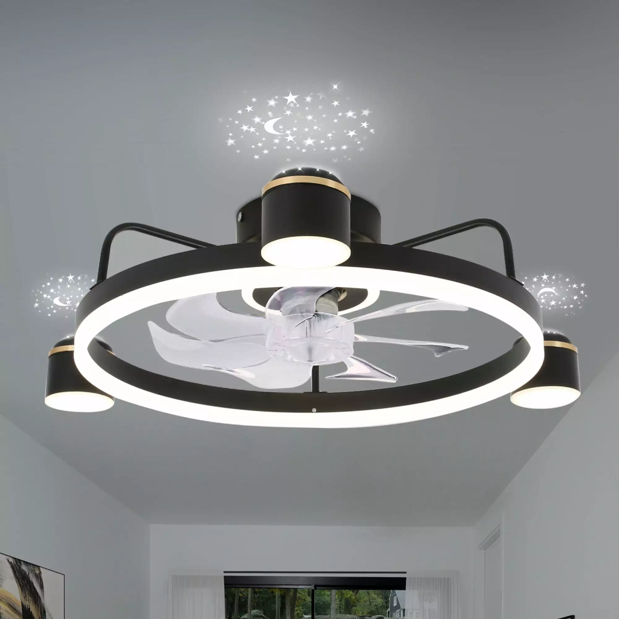 Oaks Aura Starry Night Smart App Control Ceiling Fan with Lights Bladeless Flush Mount Ceiling Light