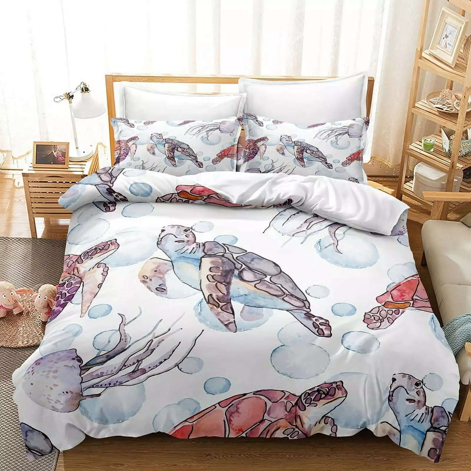 Ocean Quilt Set Coastal Beach Theme Bedding Lightweight Starfish Seashell Jellyfish Bedspread Coverlet Seaweed Coral Bed Cover with 2 Pillow Shams All Season