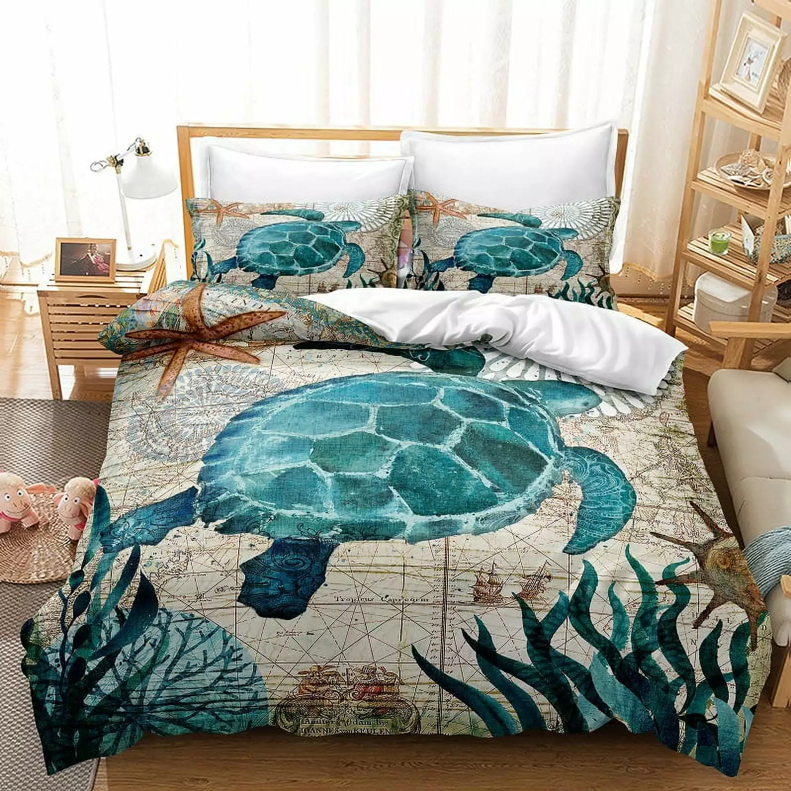 Ocean Quilt Set Coastal Beach Theme Bedding Lightweight Starfish Seashell Jellyfish Bedspread Coverlet Seaweed Coral Bed Cover with 2 Pillow Shams All Season