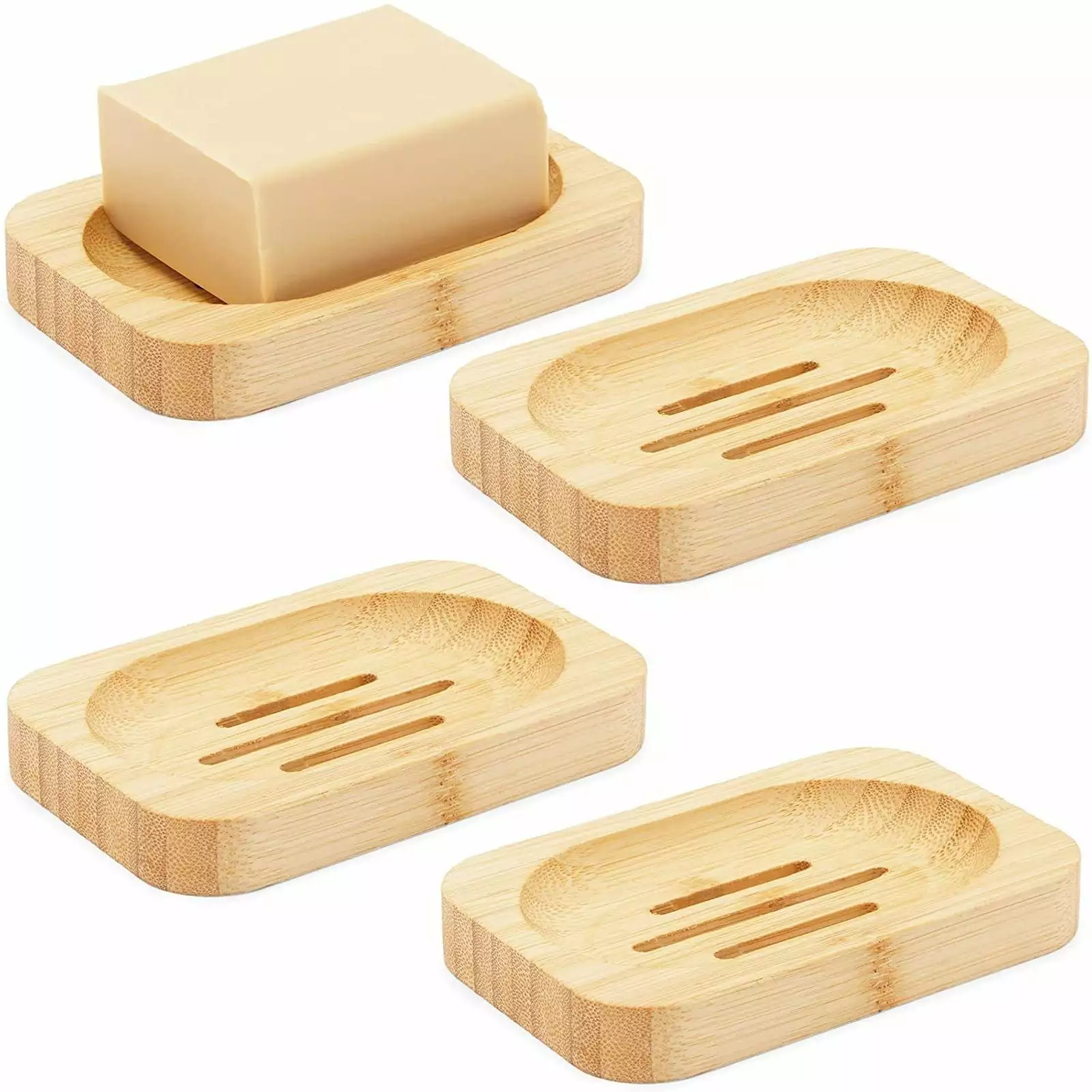 Okuna Outpost Bamboo Soap Dish with Drain. Shower Bathroom Home Decor (4.7 x 3.1 x 0.67 in. 4 Pack)