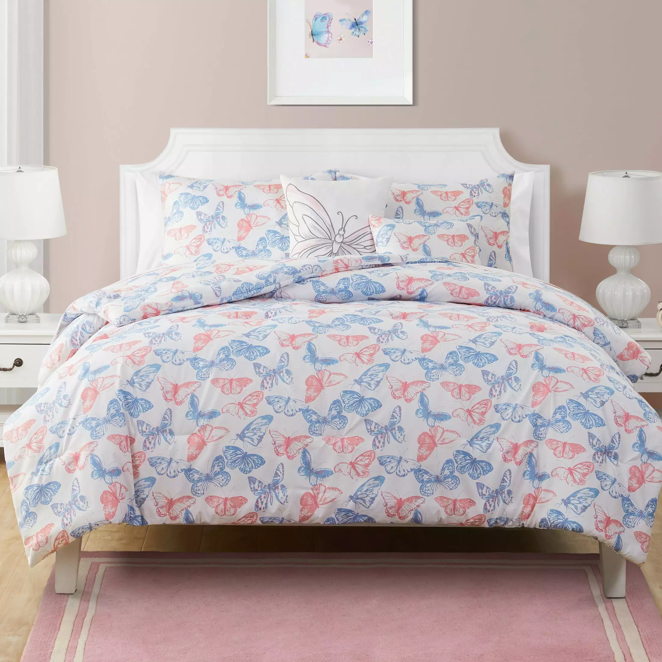 Olivia & Finn Pastel Butterfly 5-Piece White/Blue Comforter Set. Full