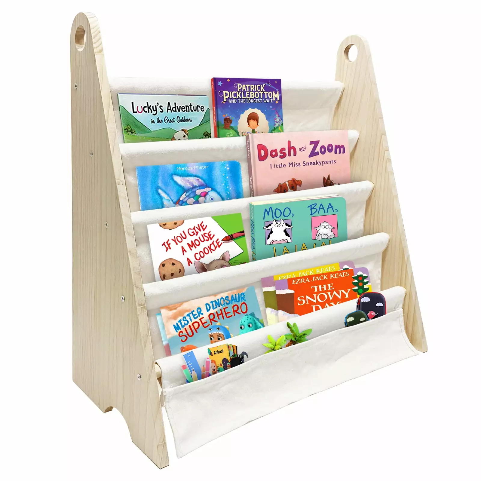 Olizee Kids Bookshelf. Kids Book Rack with Canvas Sling Sleeves. 4 Tier Nursery Book Shelves for Children. Toddlers. Kids. Natural/White