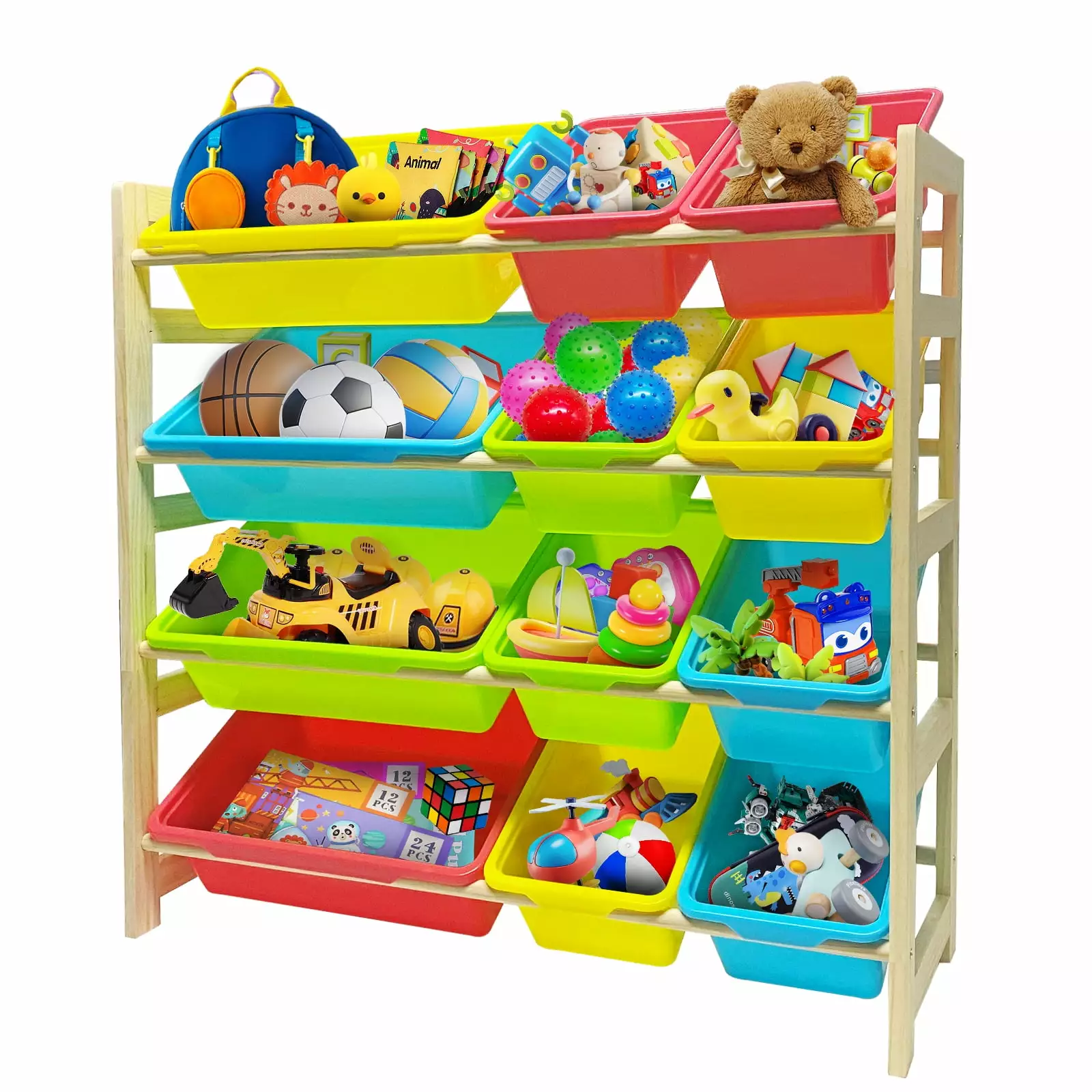 Olizee Kids Toy Storage Organizer with 12 Plastic Storage Bins. Solid Wood Toy Organizer and Storage Shelf. Red/ Yellow/ Blue/ Green