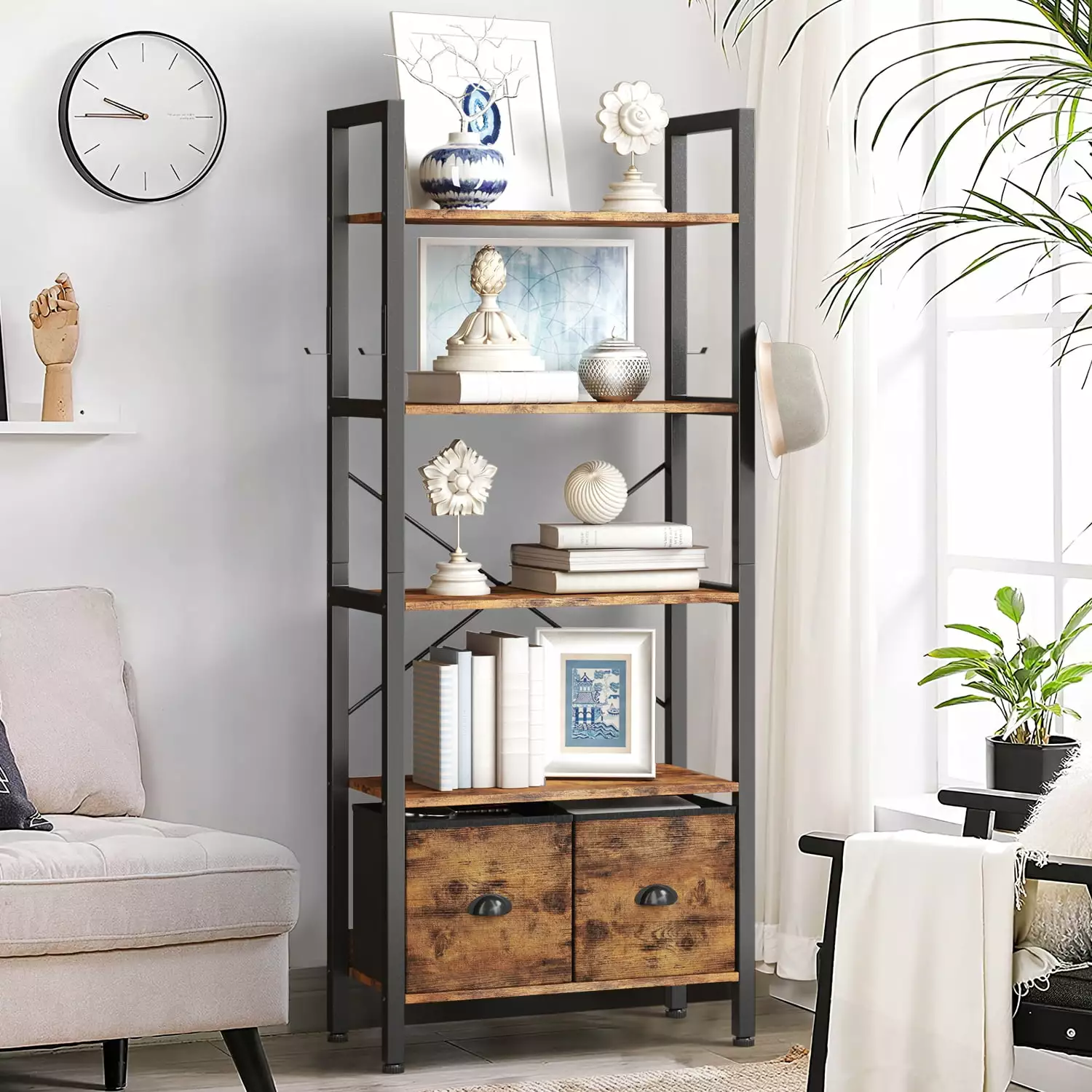 Oneinmil 5 Shelf Bookcase with 2 Drawers. 60 Rustic Brown Bookshef for Living Room and Home Office