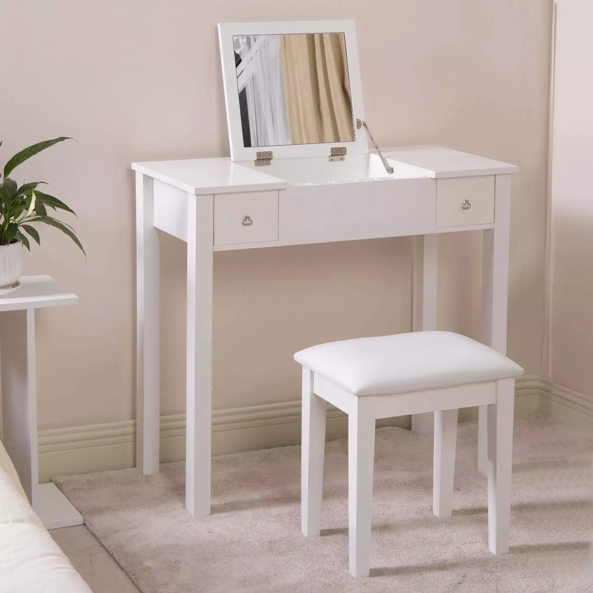 Organizedlife Makeup Vanity Set.Flip-Top Mirror and 2 Drawers Dressing Table with Vanity Stool Writing Desk White