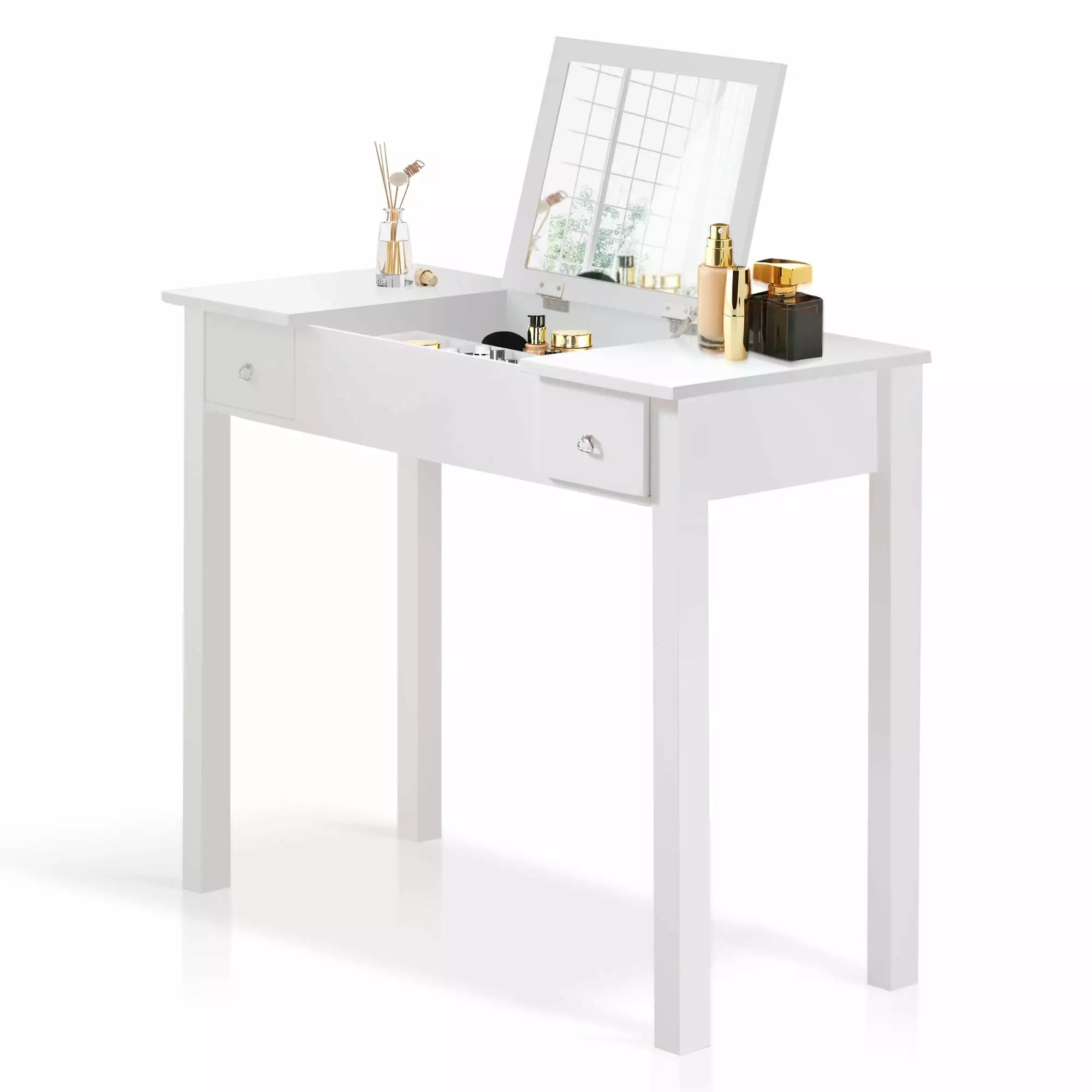 Organizedlife Vanity Desk with Flip-Top Mirror.Office Desk.Makeup Vanity Table with 2 Drawers for Bedroom.White