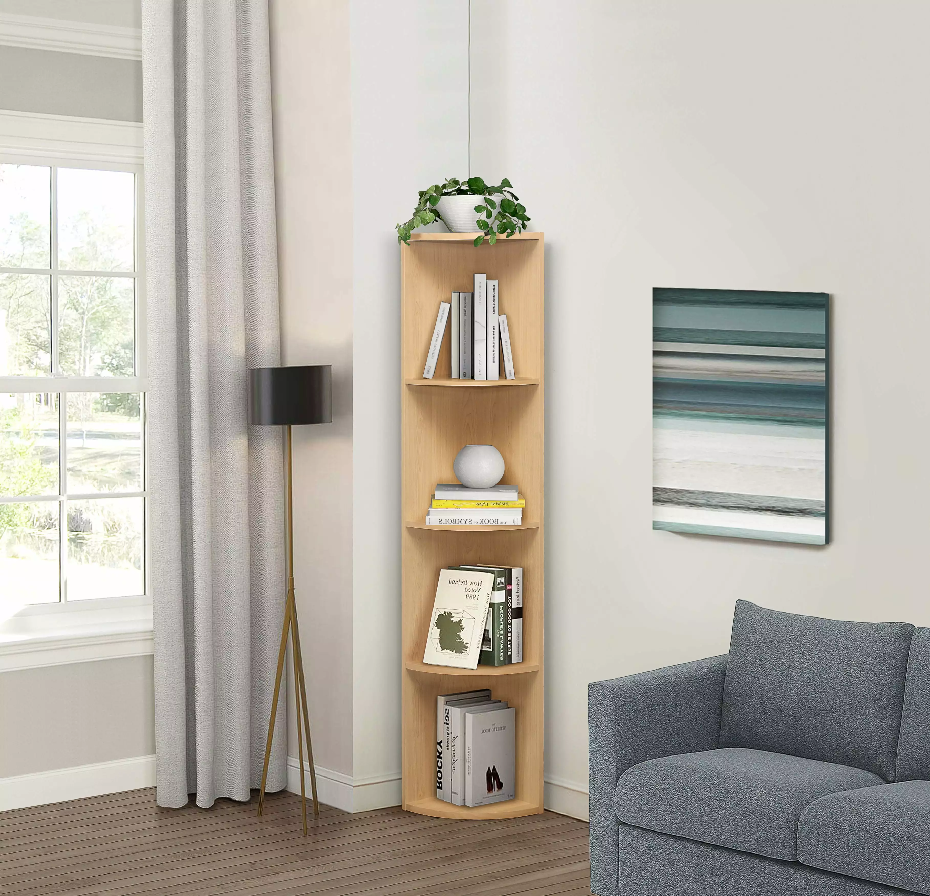 Orion 4 Tier Storage Shelves Corner Bookcase. Natural Wood. Contemporary