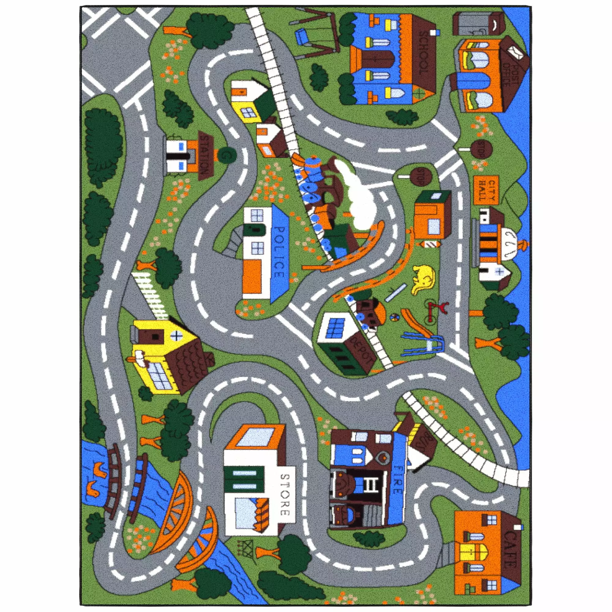 Ottomanson Children Car Road Map 3x5 Washable Non-Slip Area Rug for Kids Playroom. 3'3 x 5'. Green/Multicolor