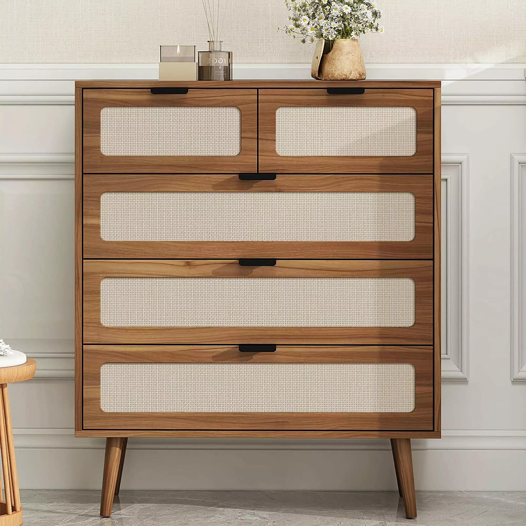 Oubayajia 5 Drawer Rattan Dresser. Accent Wood Storage Cabinet. Chest of Rattan Drawers for Bedroom Living Room