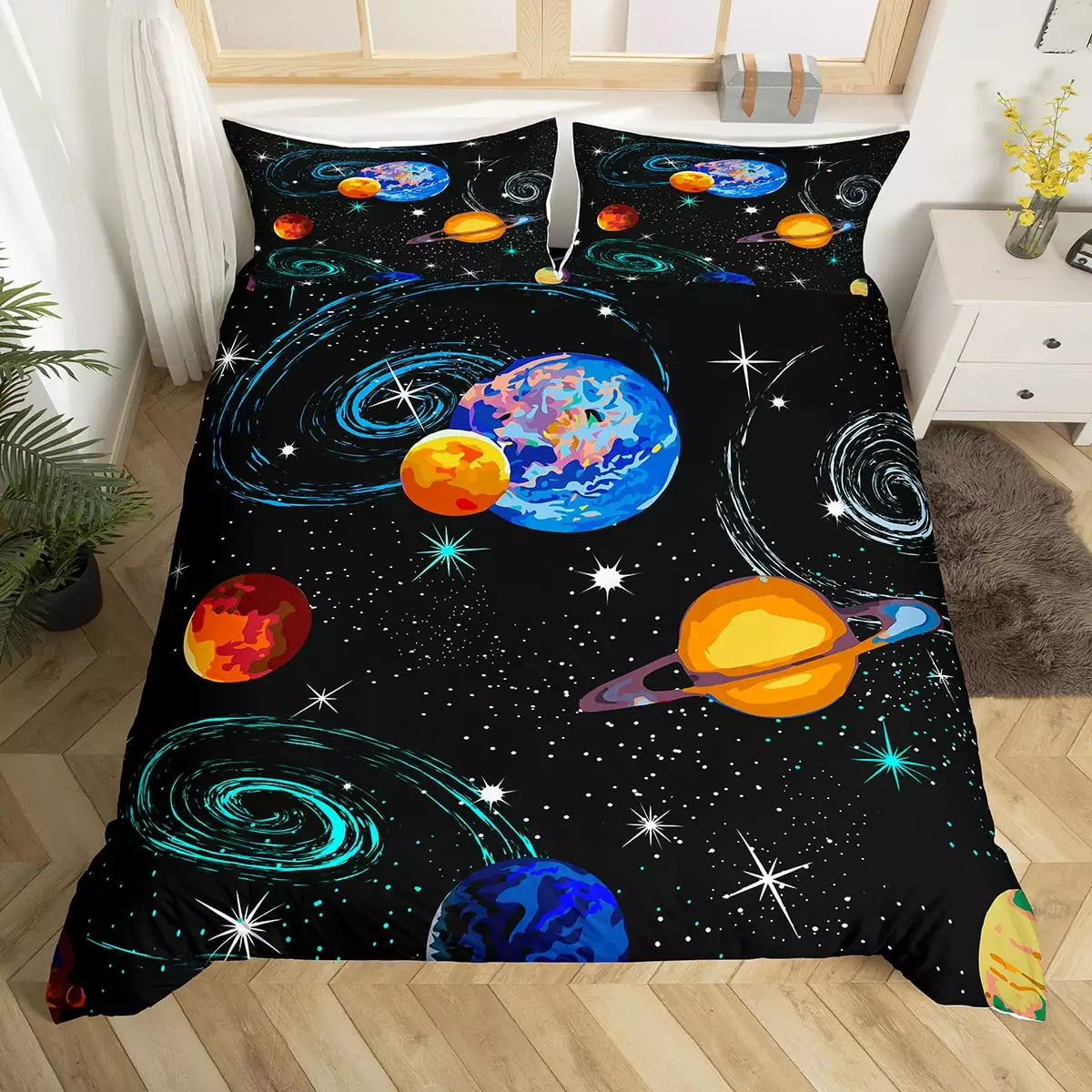 Outer Space Twin Duvet Cover Sets for Boys Girls Universe Decor Bedding Set Solar System Comforter Cover for Kids Teens Planet Print Bedding Universe Themed Bedspread Cover 2 Pcs With 1 Pillowcase