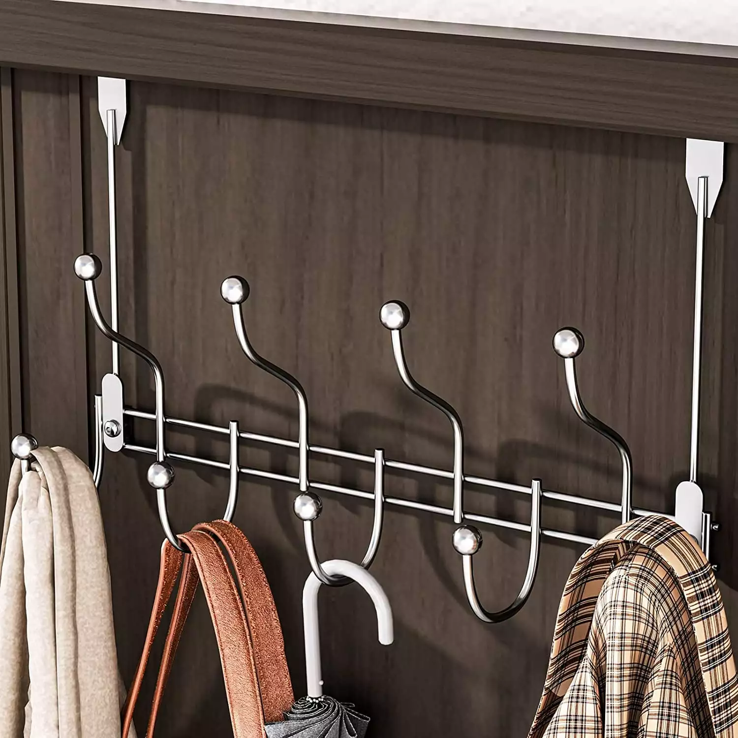 Over Door Towel Rack Hook Hanger with 9 Hooks. Heavy-Duty Hook Coat Rack with High Bearing Capacity for Hanging Clothes. Coat. Bag. Robe. Heavy Jackets. Towel. Silver(15.4 L * 9.8 W)