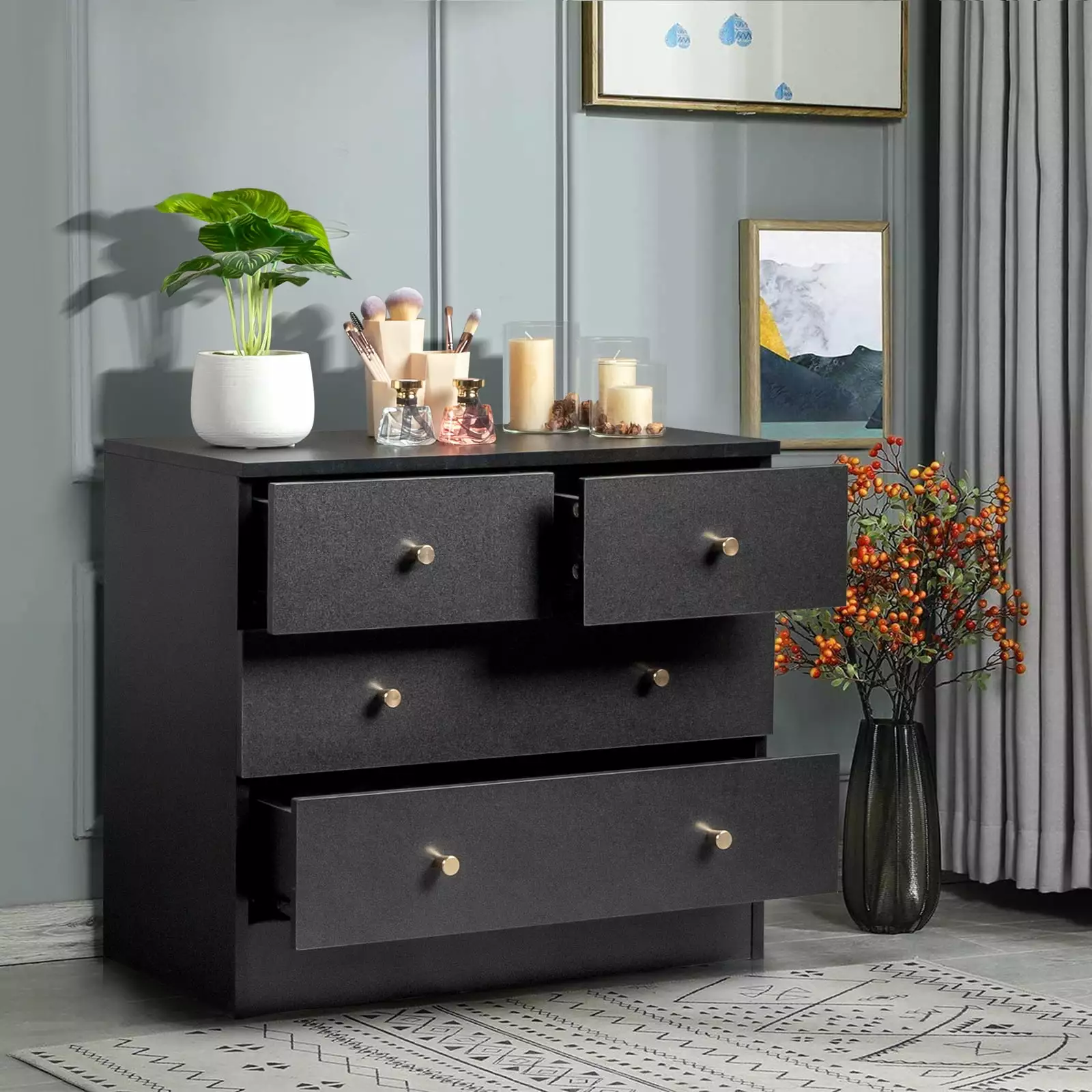 OverPatio Wood Dresser Chest Bedside Table with 4 Drawers. Modern Drawers Storage Cabinet. for Bedroom. Living Room. Black