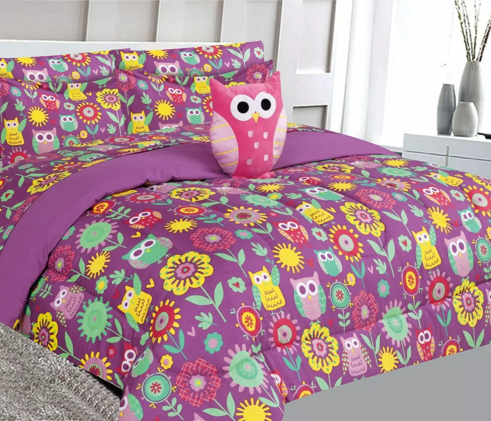 Owl purple print design Bed in Bag comforter & sheet set of 6 piece in twin size super soft fade resistant for girls. boys room d??cor