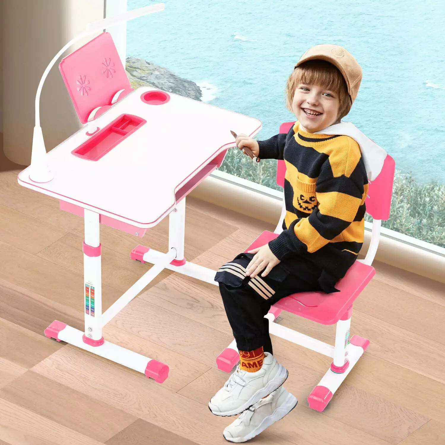 Oyajia Kids' Desk with Chair Set Adjustable Student Desk and Chair Kit Easily Accommodate Children of Any Age. Pink