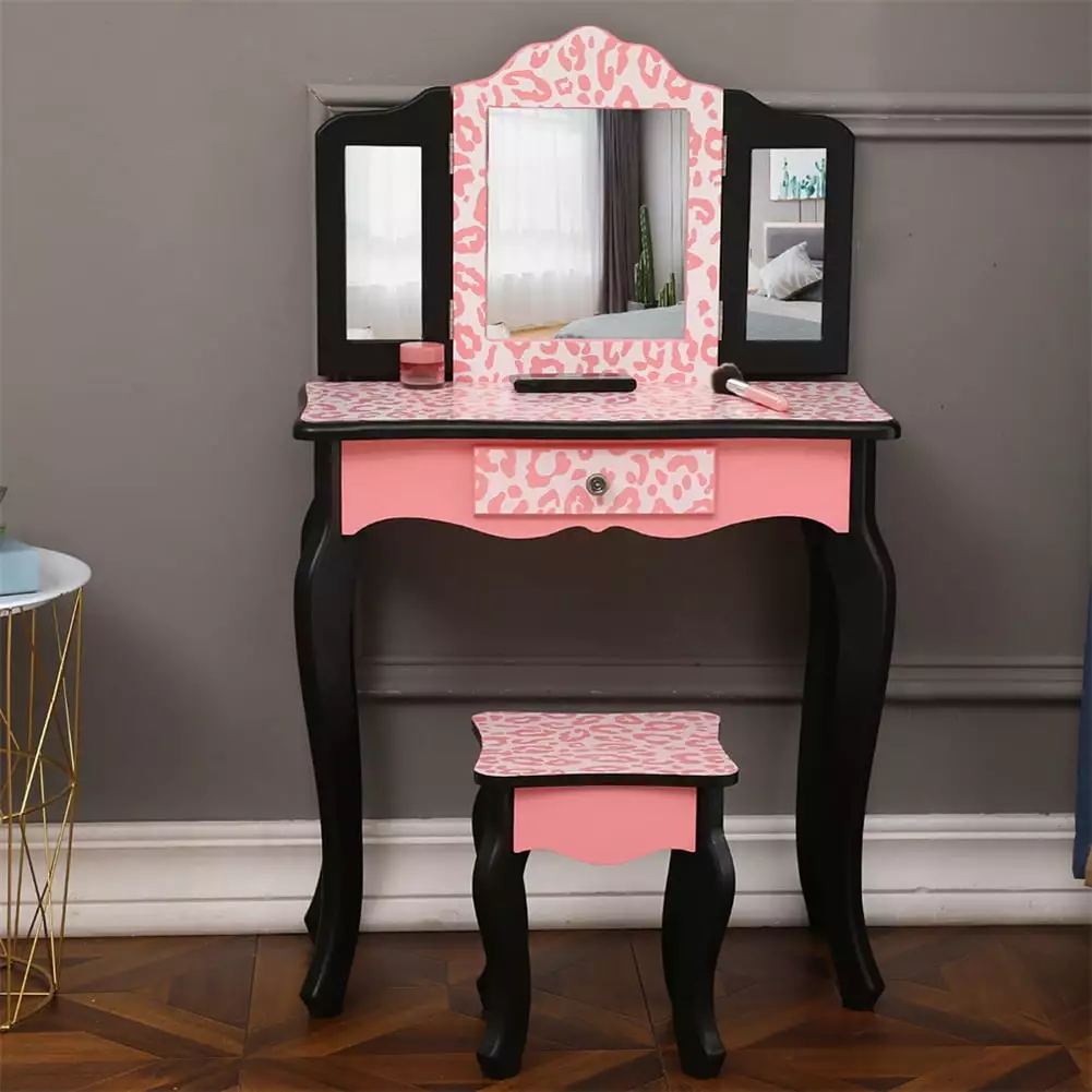 Oyang Girls' Vanity Table and Chair Set. Pink Leopard Printed Wooden Pretend Beauty Make Up Dressing Vanity Set with 3 Mirror & Drawer