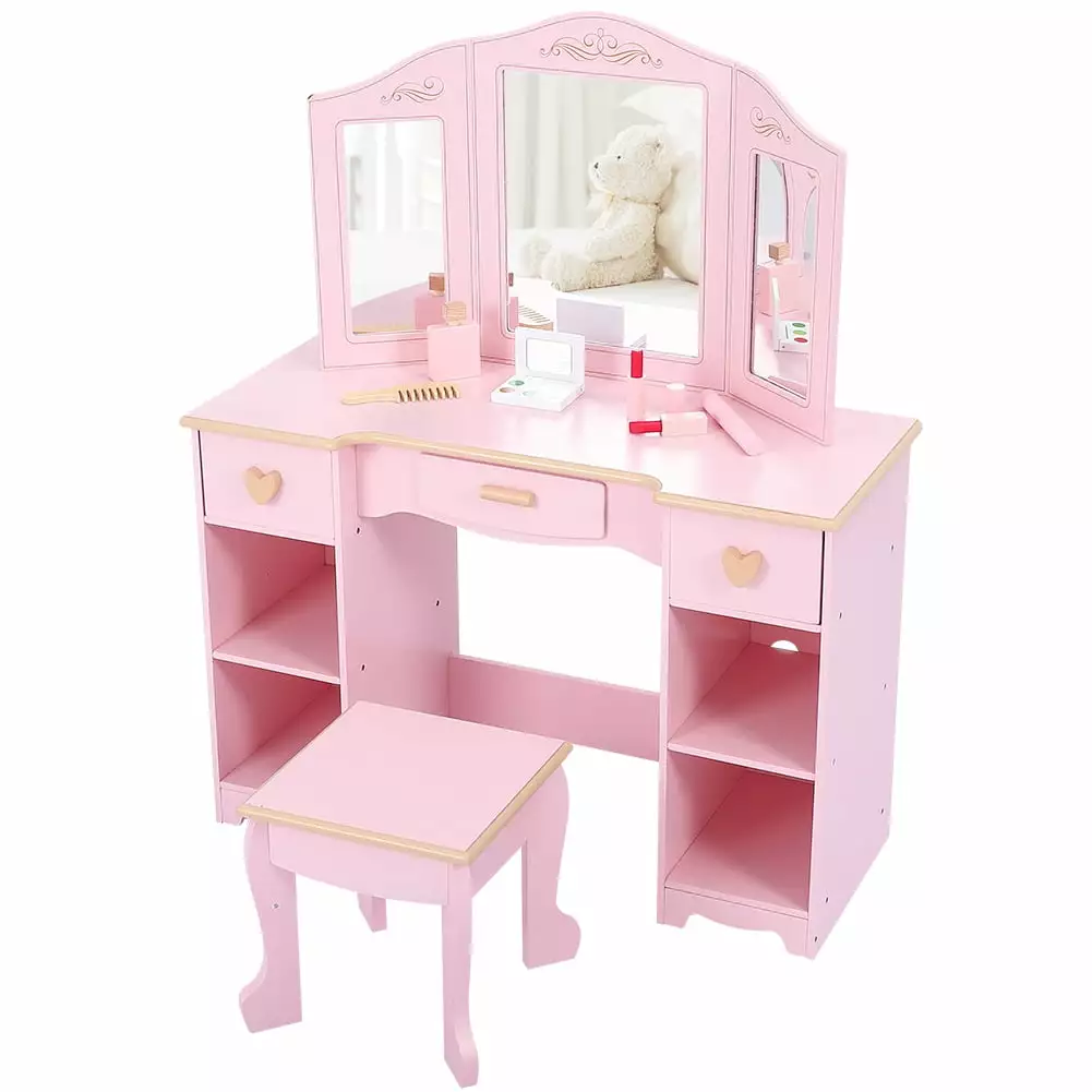 Oyang Girls' Vanity Table and Chair Set for Age 4 - 9. Wood Pretend Beauty Make Up Dressing Vanity Set with Mirror & 3 Drawers. Pink