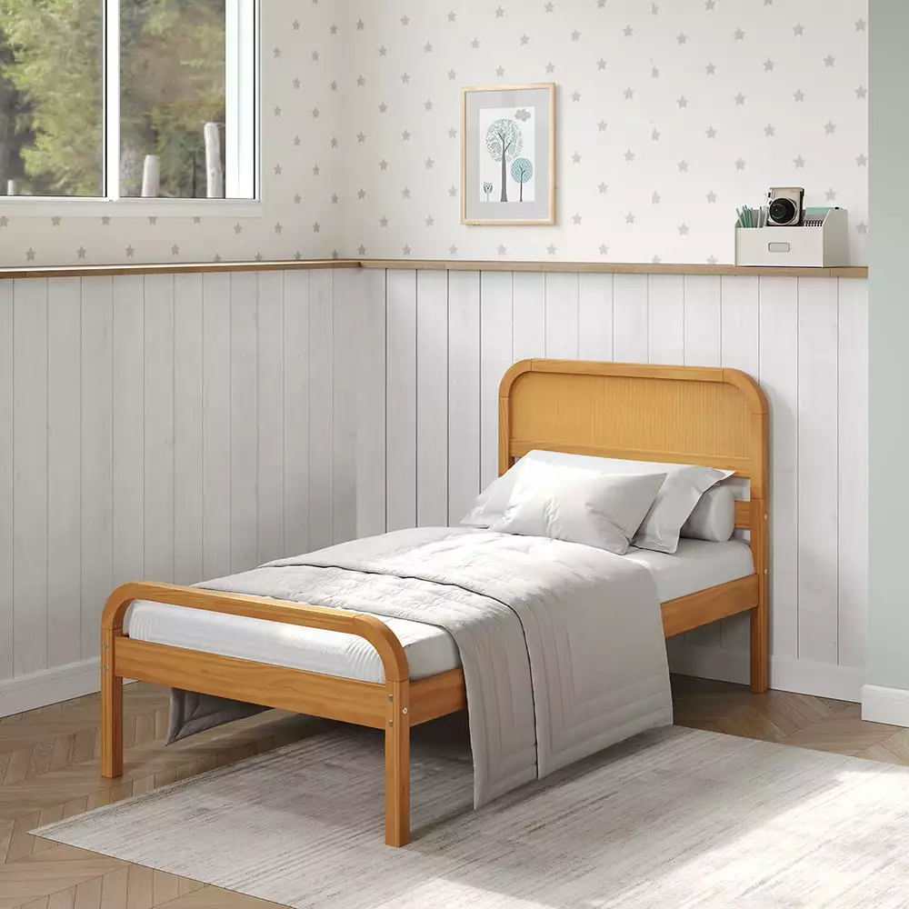 P'kolino Curva Rattan Kids Twin Bed Frame with Headboard- FSC Certified Solid Pine Wood- Natural