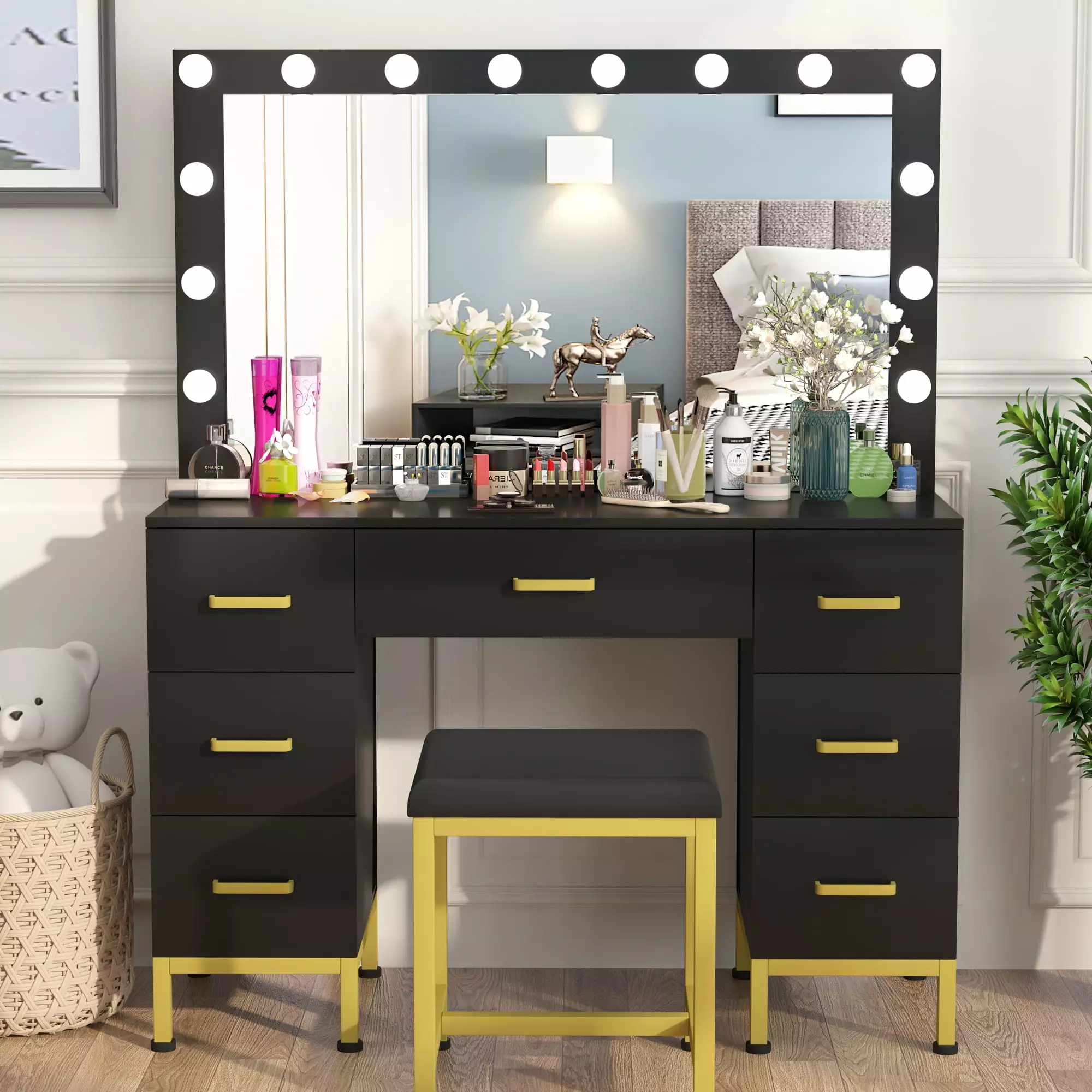 PAKASEPT Vanity Set with Lighted Mirror. 44'' Large Makeup Vanity with 14PCS LED Bulbs. Cushioned Stool & 7 Drawers. Vanity Desk White Vanity for Bedroom (Black)