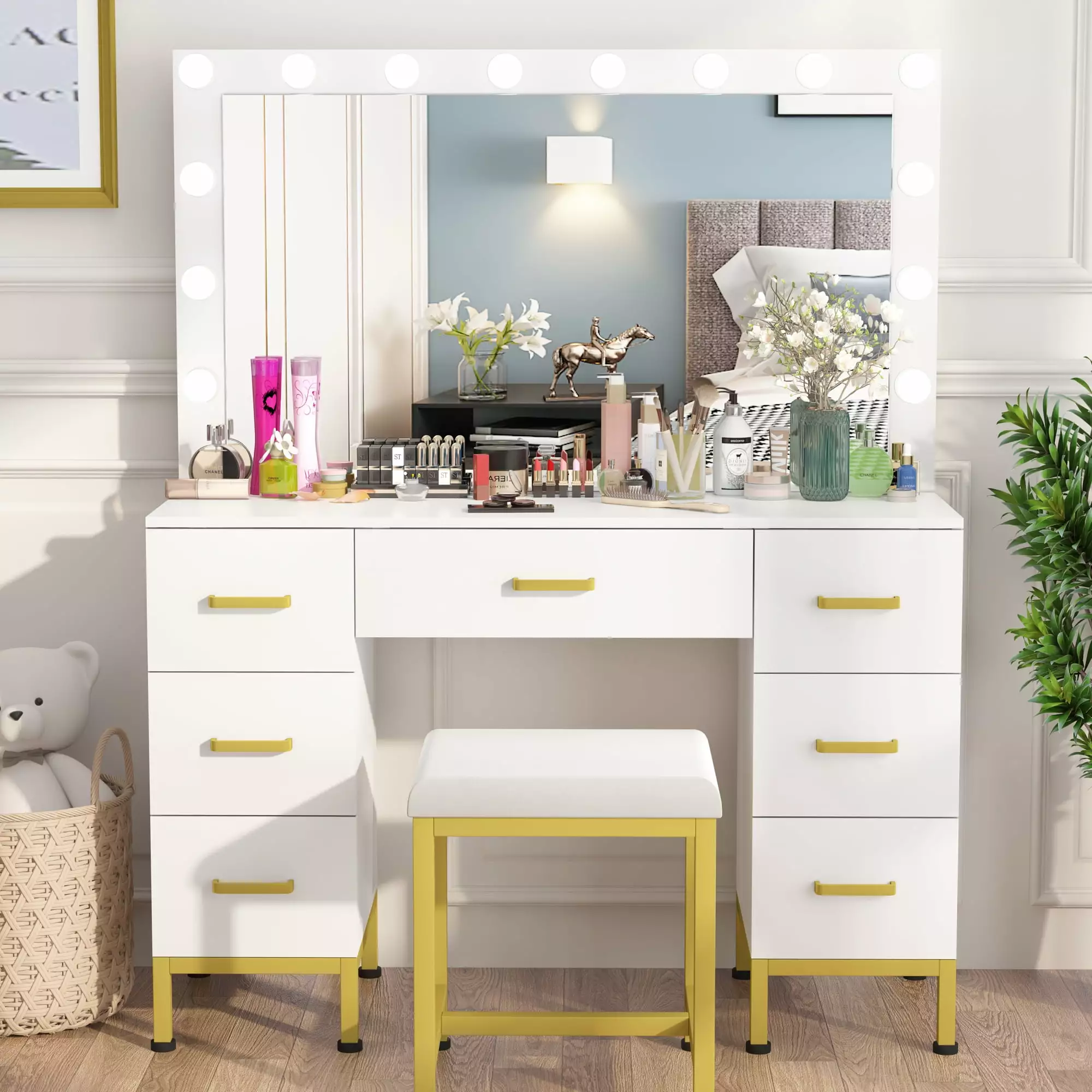 PAKASEPT Vanity Set with Lighted Mirror. 44'' Large Makeup Vanity with 14PCS LED Bulbs. Cushioned Stool & 7 Drawers. Vanity Desk White Vanity for Bedroom (White)