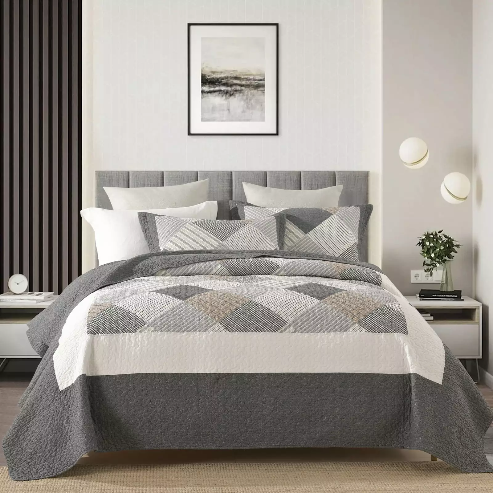 PANGUSHAN 100% Cotton Quilt Set King Size. 3pcs Plaid Bedspread Quilt Bedding Set for King Bed. Reversible Lightweight Comforter Bed Spread for All Seasons. Dark-Gray/White/Brown