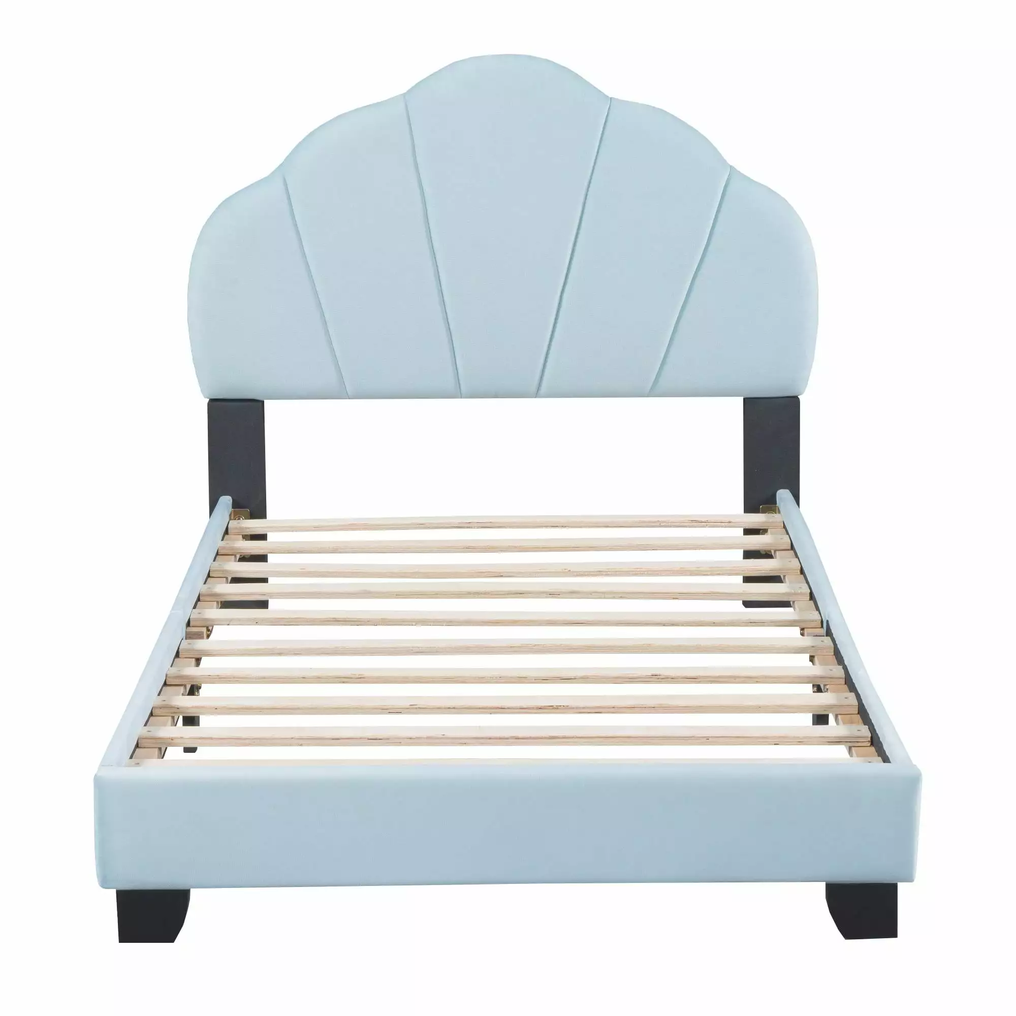 PAPROOS Blue Upholstered Platform Bed Twin Size. Upholstered Velvet Platform Bed with Shell-Shaped Headboard. Twin Bed Frame for Kids Girls. 250lbs Capacity. No Box Spring Needed