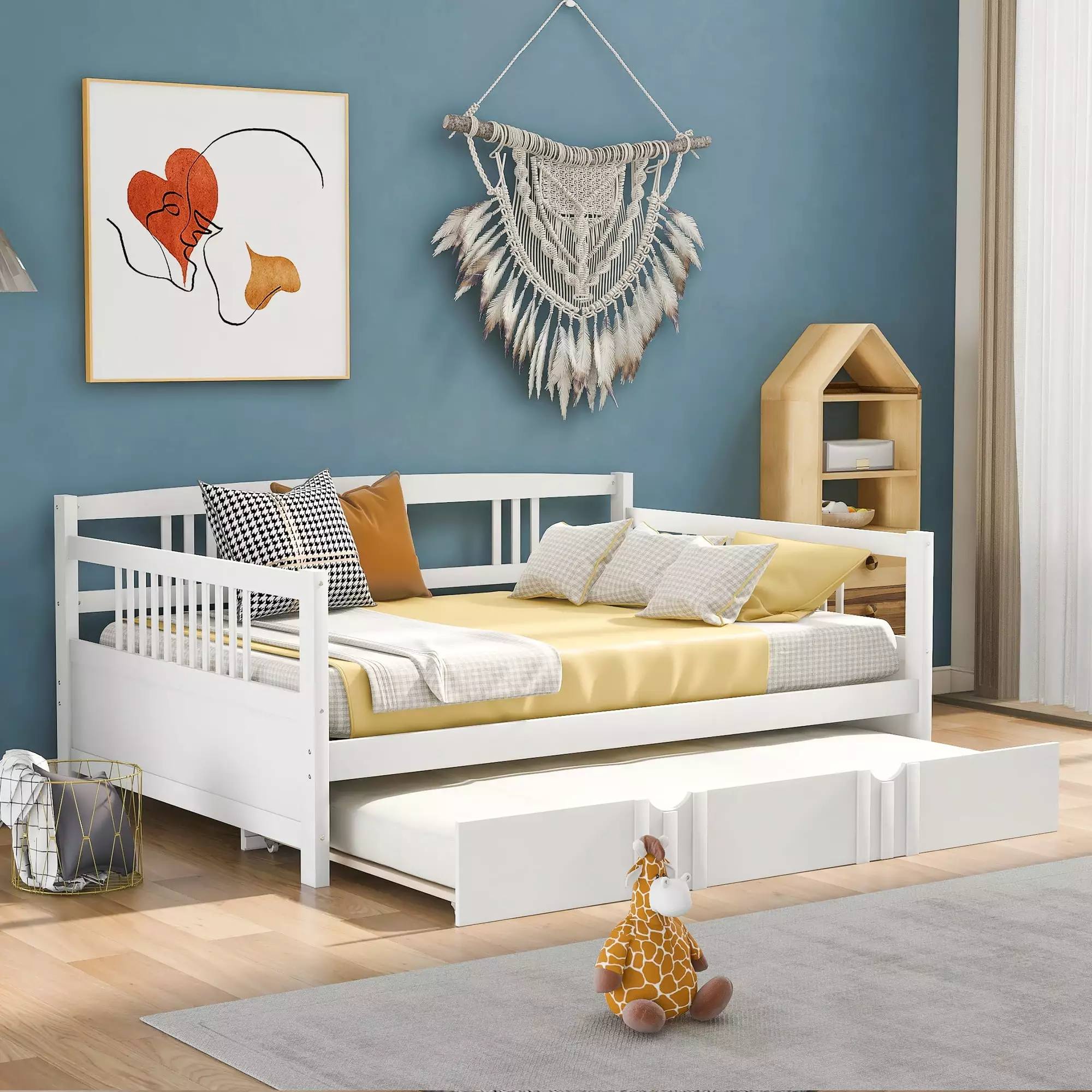 PAPROOS Daybed with Trundle Included. Full Size Daybed Bed Frame with Pull Out Trundle Bed and Wooden Slats. Solid Wood Sofa Bed Full Daybed. No Box Spring Needed. White