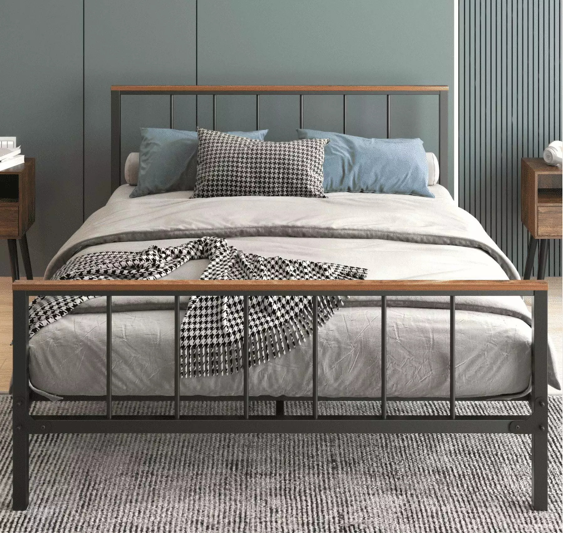 PAPROOS Full Bed Frame. Metal Platform Bed with Headboard and Footboard. Full Size Bed Frame with Strong Support Slats. No Box Spring Needed. Black