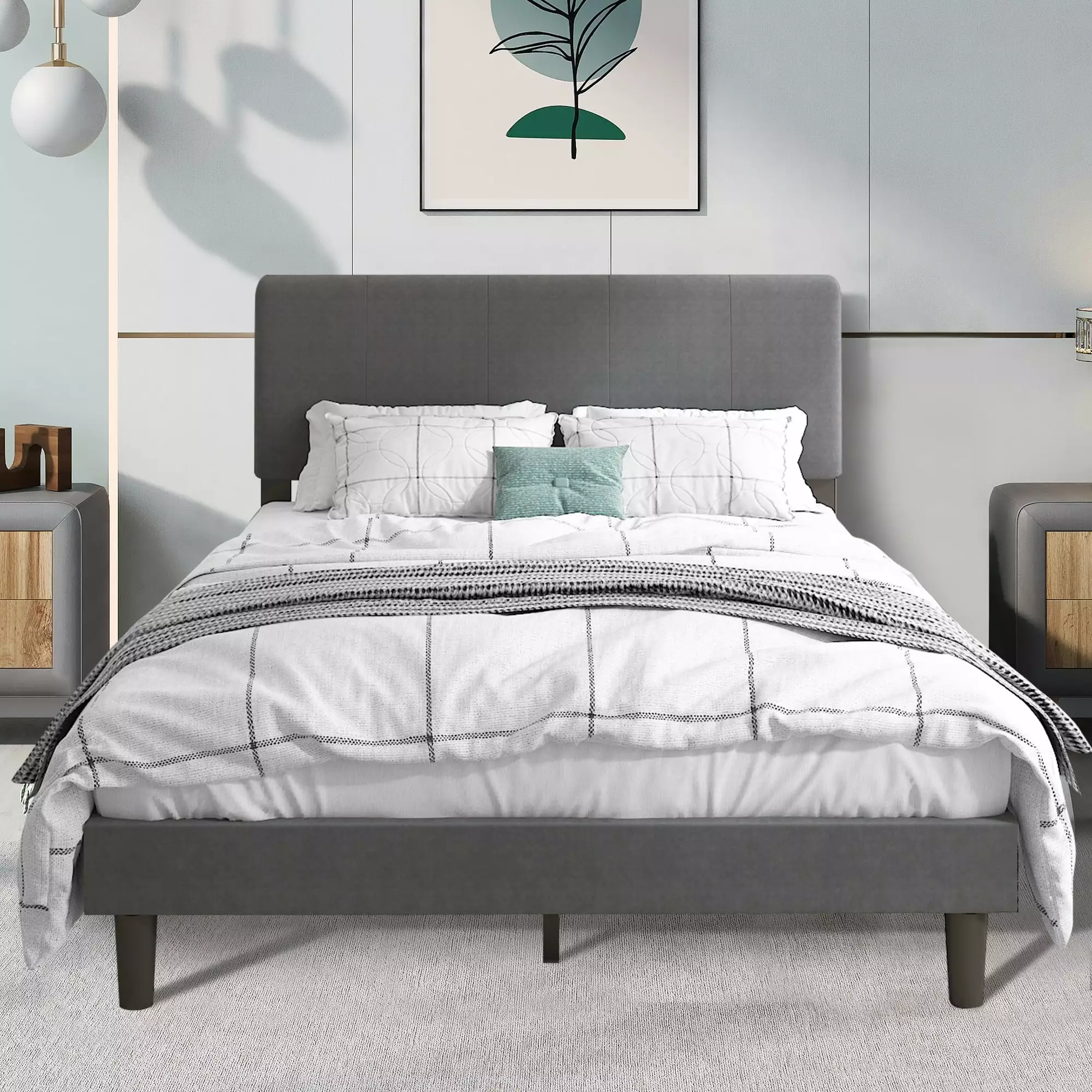 PAPROOS Full Size Bed Frame. Modern Upholstered Platform Bed Frame with Headboard. No Box Spring Needed. Full Platform Bed Frame with Strong Wooden Slat Support. Gray