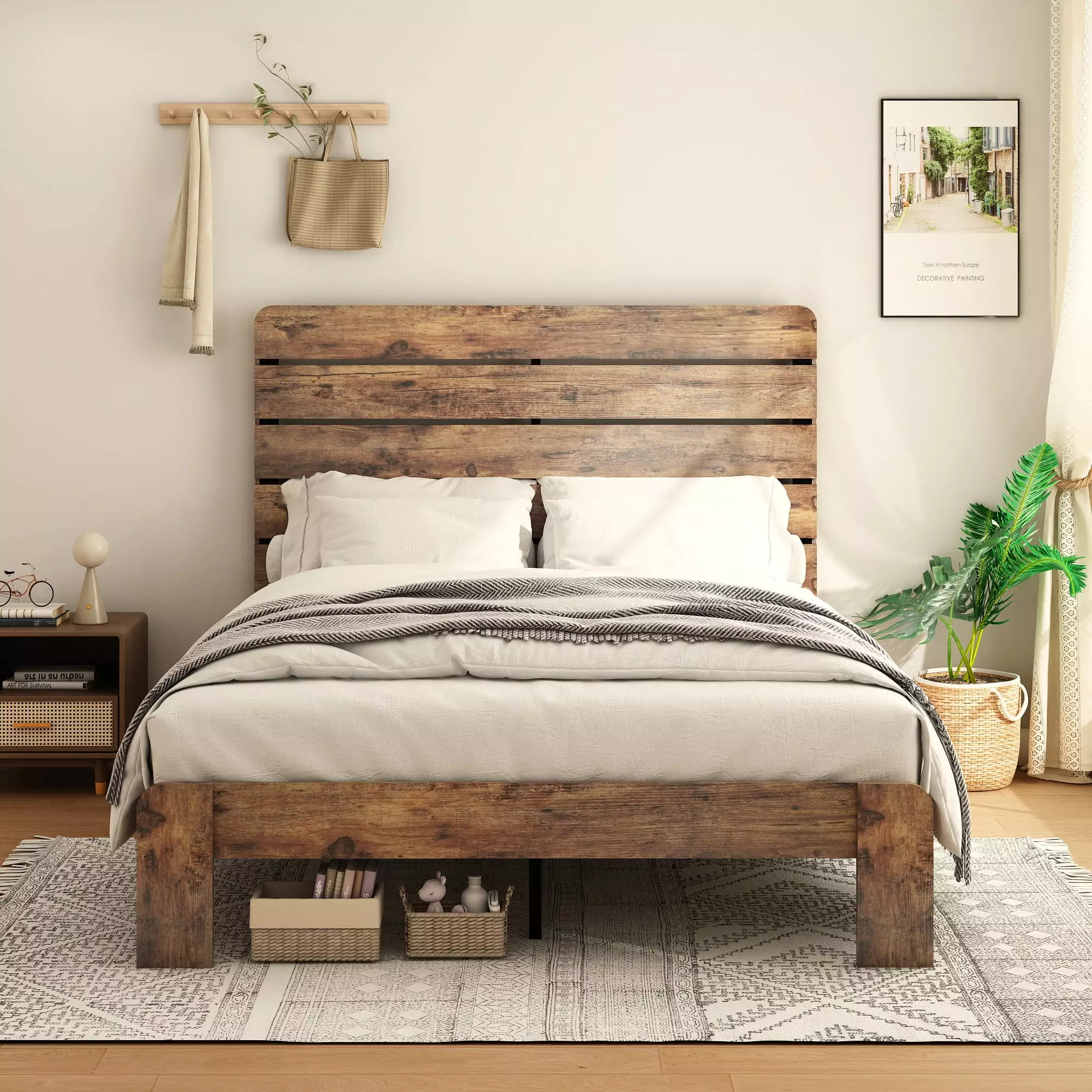 PAPROOS Full Size Bed Frame. Rustic Wood Platform Bed with Headboard. Modern Farmhouse Style Full Bed Frame No Box Spring Needed. Dark Brown