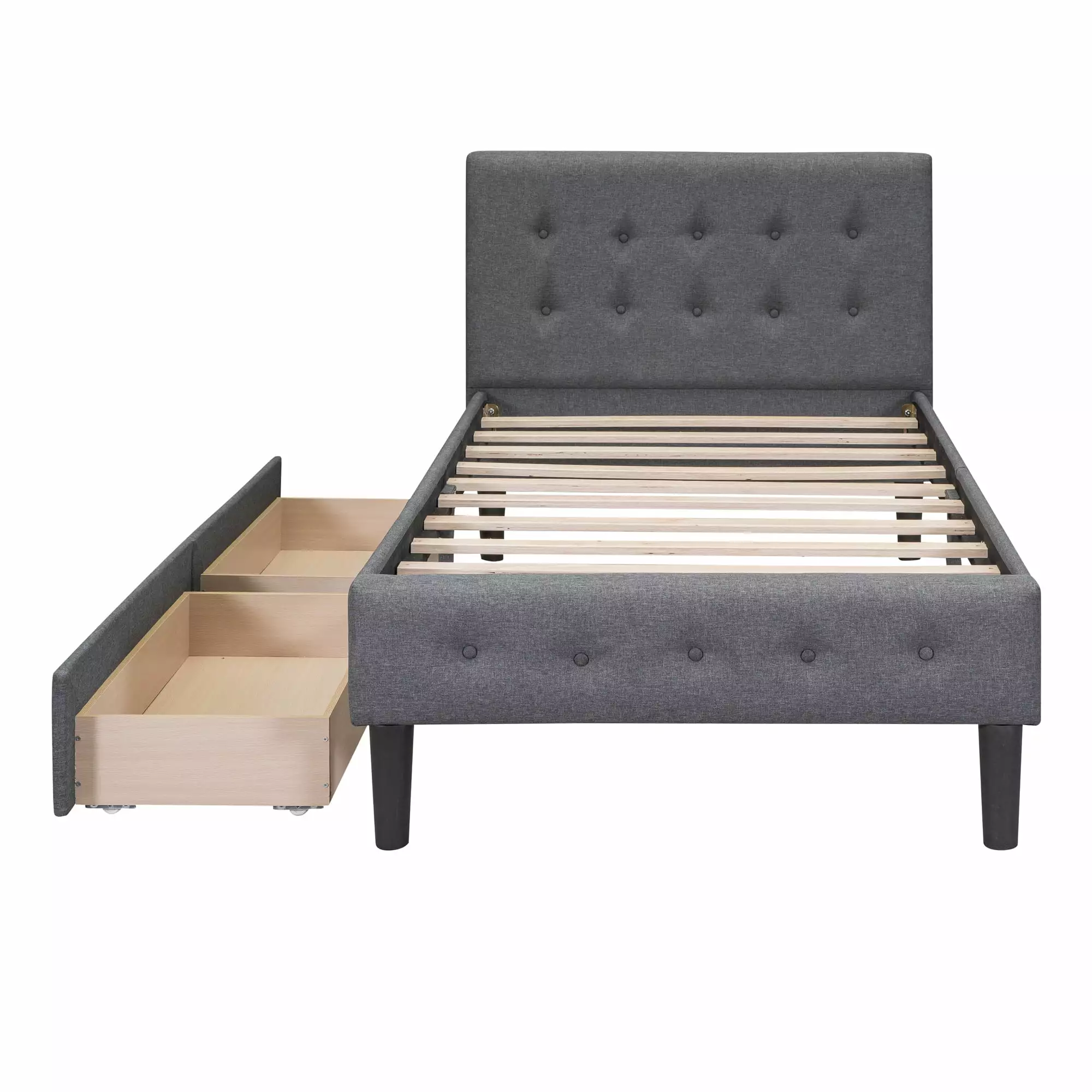 PAPROOS Gray Twin Size Upholstered Storage Bed. Modern Linen Upholstered Platform Bed with Button Tufted Headboard and 2 Drawers. No Box Spring Needed. Twin Bed Frame for Kids Boys Girls Teens