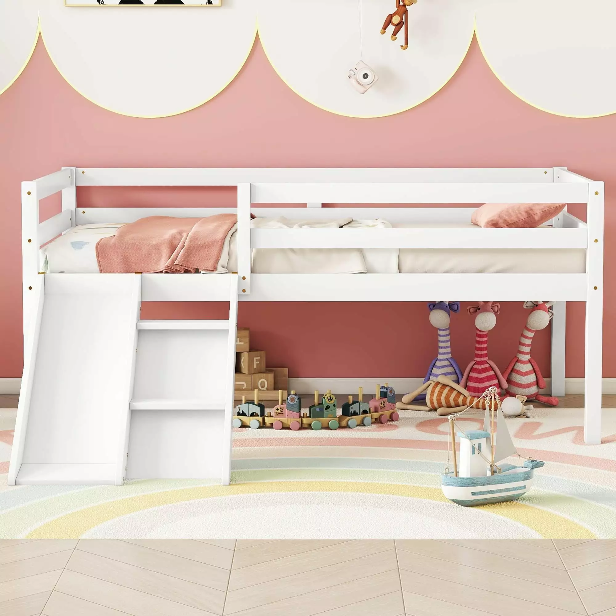 PAPROOS Loft Bed. Twin Size Loft Bed Frame with Slide and Ladder. Solid Wood Low Loft Bed for Kids Boys Girls. White