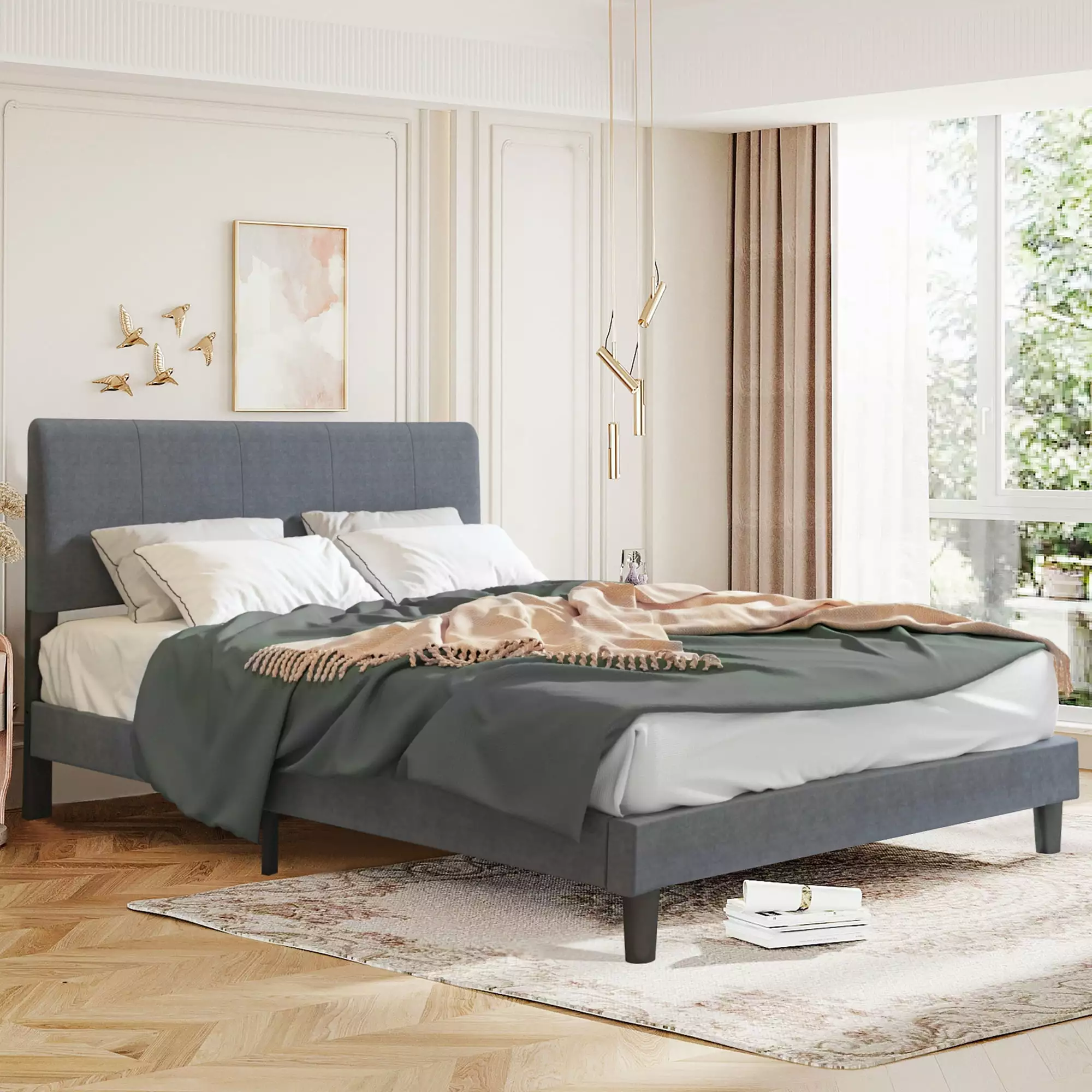 PAPROOS Queen Bed Frame with Headboard. Modern Upholstered Platform Bed Frame. No Box Spring Needed. Queen Size Platform Bed Frame with Wood Slat Support. Gray