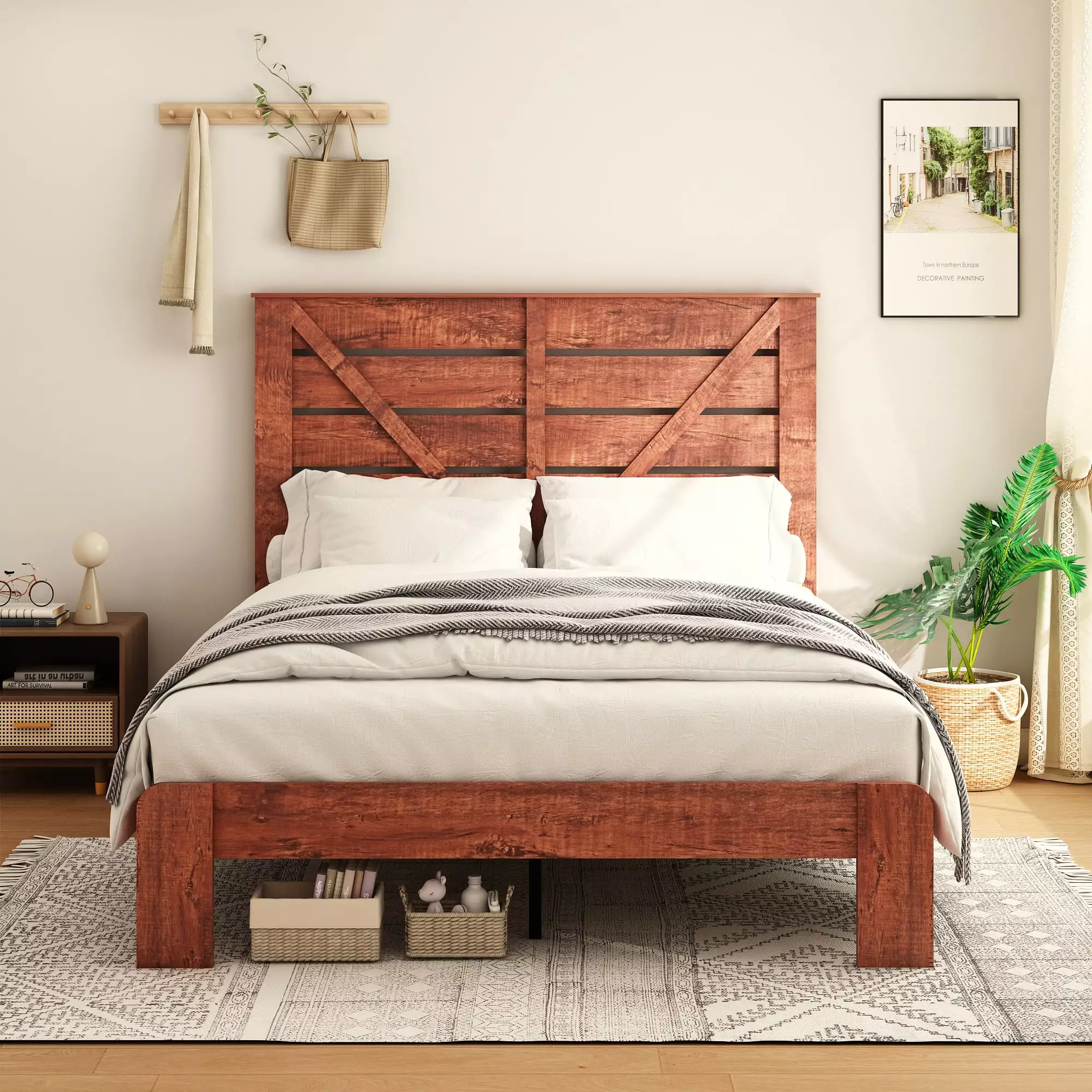 PAPROOS Queen Size Wood Bed Frame. Heavy Duty Wood Platform Bed with Headboard and Strong Wooden Slats. Rustic Queen Bed Frame for Teens Adults. No Box Spring Needed. Dark Brown