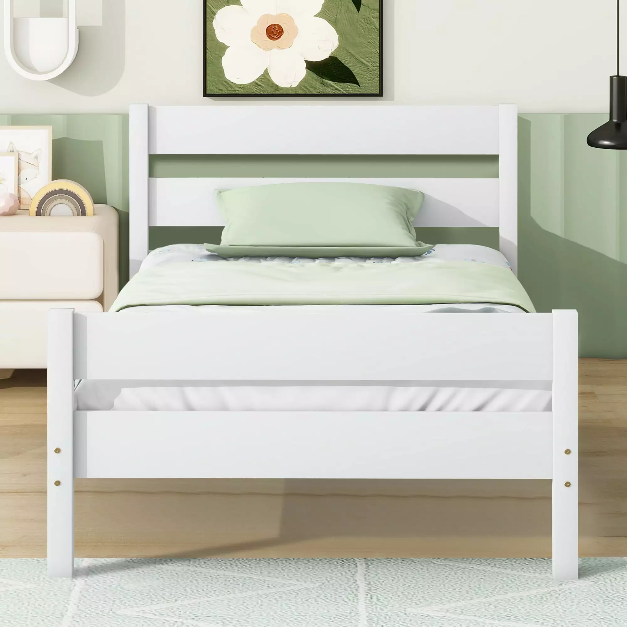 PAPROOS Twin Bed Frame for Kids. Solid Wood Platform Bed with Headboard and Footboard. Modern Twin Bed Frame with Wooden Slats Support. No Box Spring Needed. White