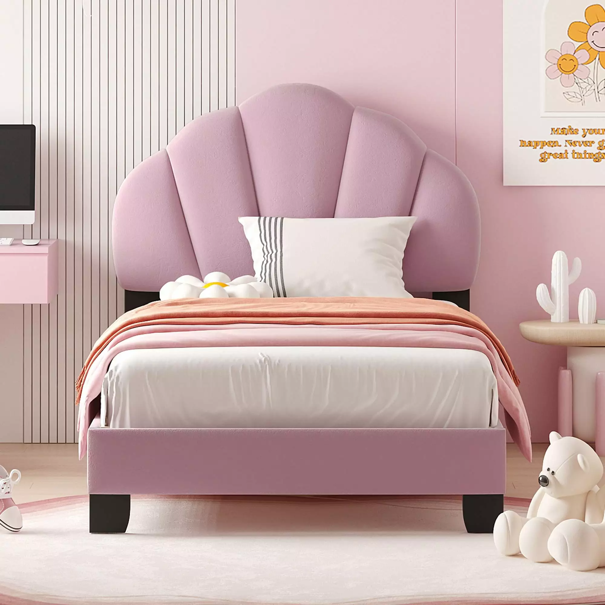 PAPROOS Twin Bed Frame. Upholstered Velvet Platform Bed with Shell-Shaped Headboard. Strong Wooden Slats Support. Twin Size Bed Frame for Kids Girls. Holds 250lbs. No Box Spring Needed. Pink