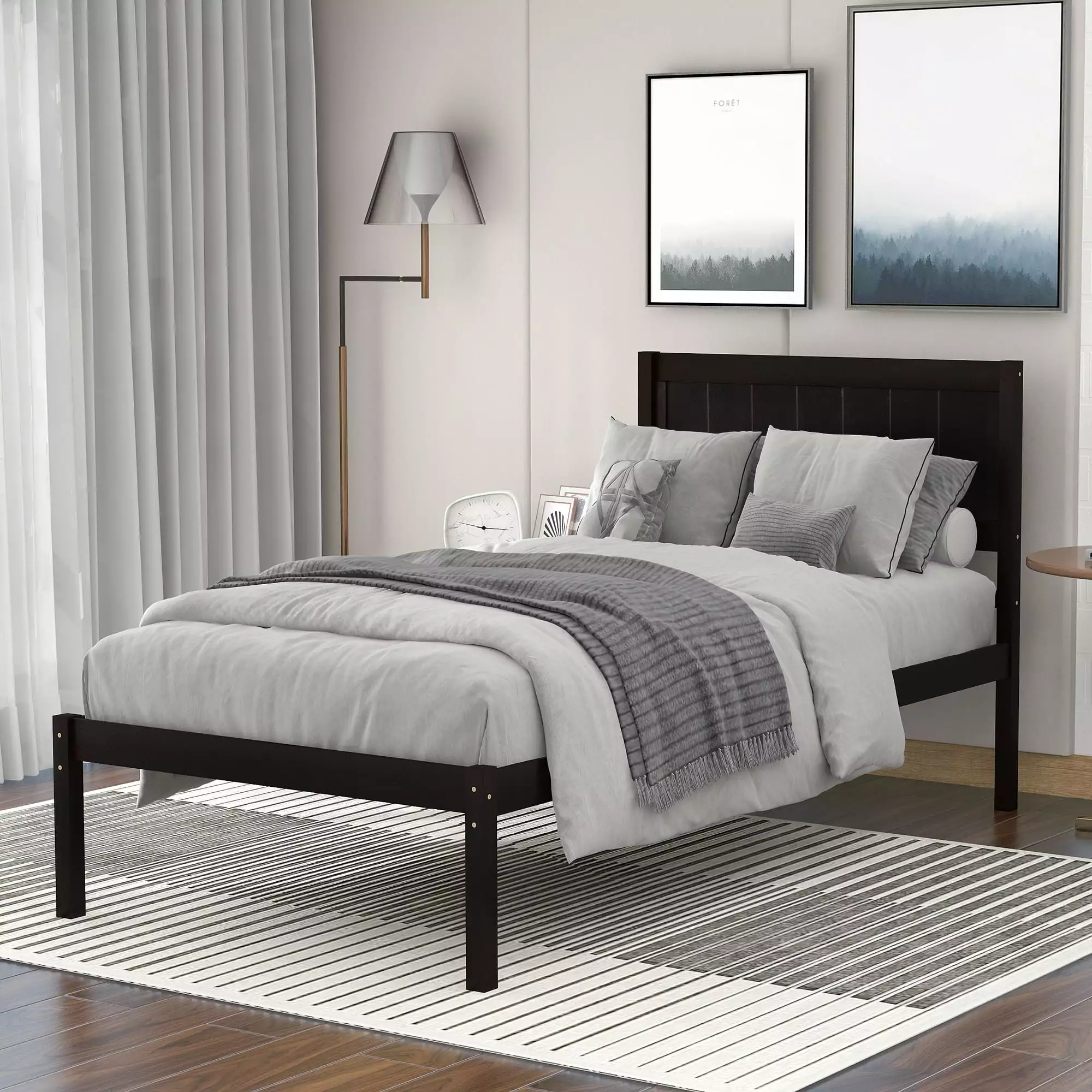 PAPROOS Twin Size Bed Frame. Heavy Duty Wood Platform Bed with Headboard and Strong Wooden Slats. No Box Spring Needed. Twin Size Bed Frame for Kids Teens Adults. Espresso