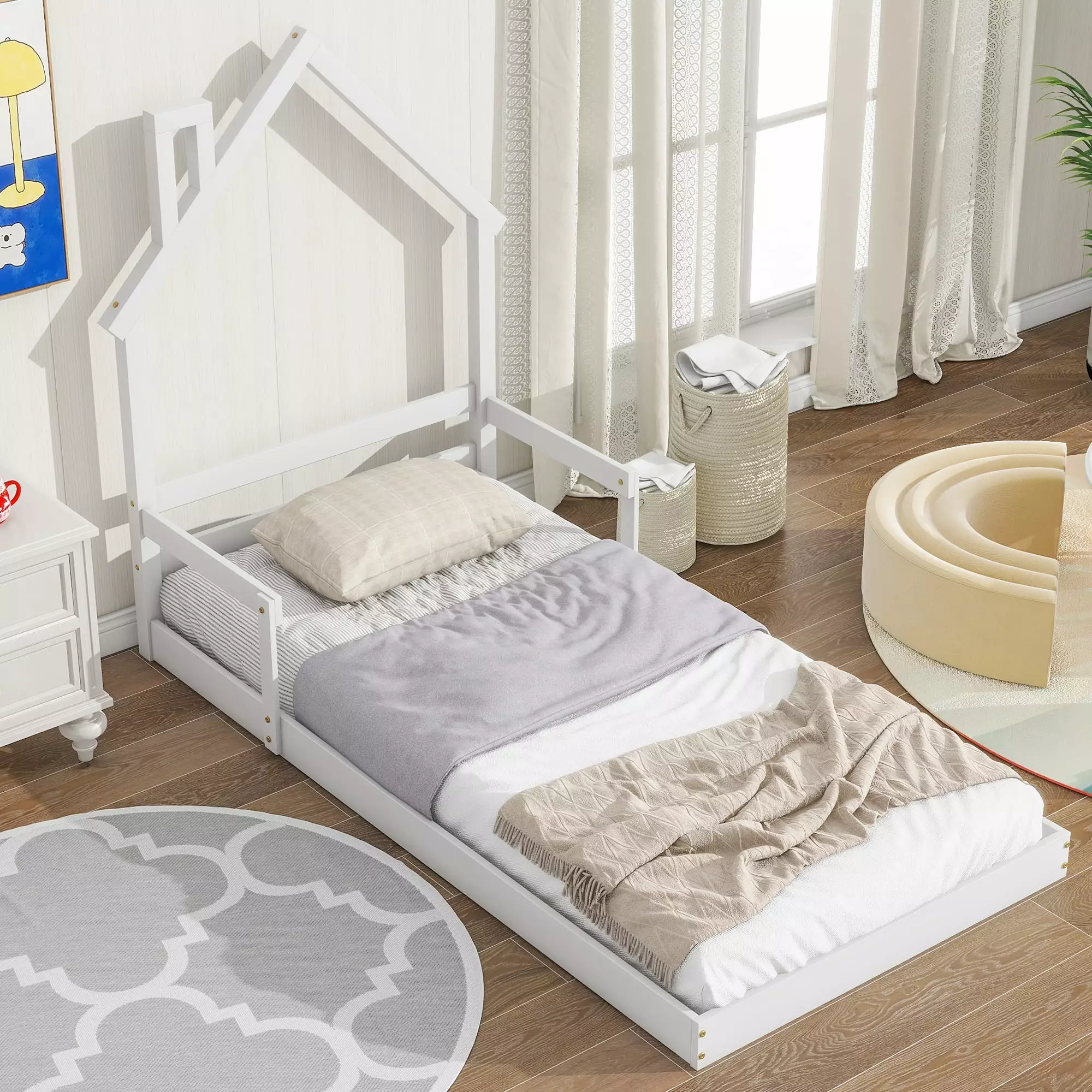 PAPROOS Twin Size Floor Platform Bed with House-Shaped Headboard and Handrails. Solid Wood Floor Bed for Kids Boys Girls. House-Style Twin Bed Frame with Support Slats. No Box Spring Needed. White