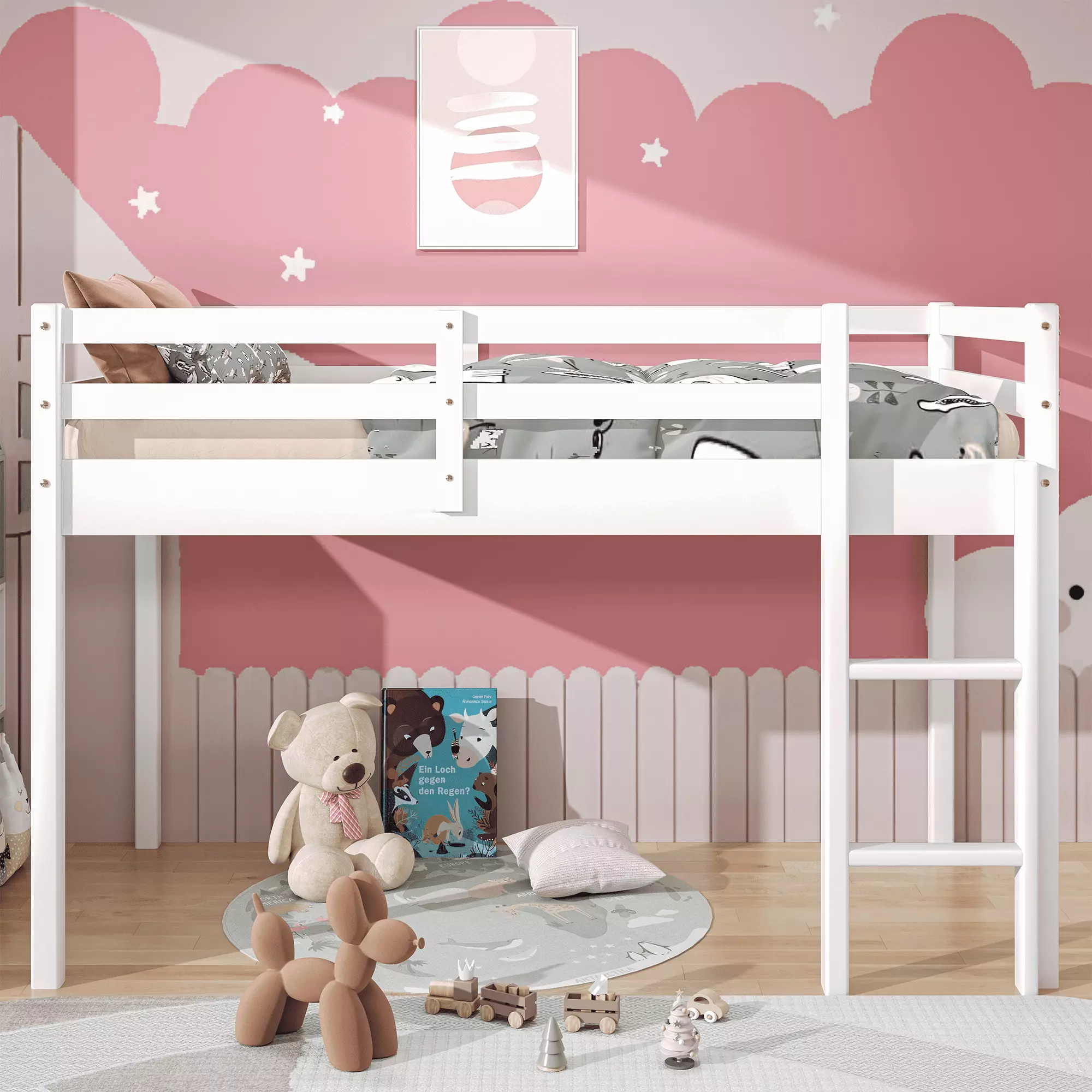 PAPROOS Twin Size Loft Bed. Solid Wood Loft Bed Frame with 14 Wooden Slats. Modern Low Loft Bed for Kids Boys Girls. No Box Spring Needed. White