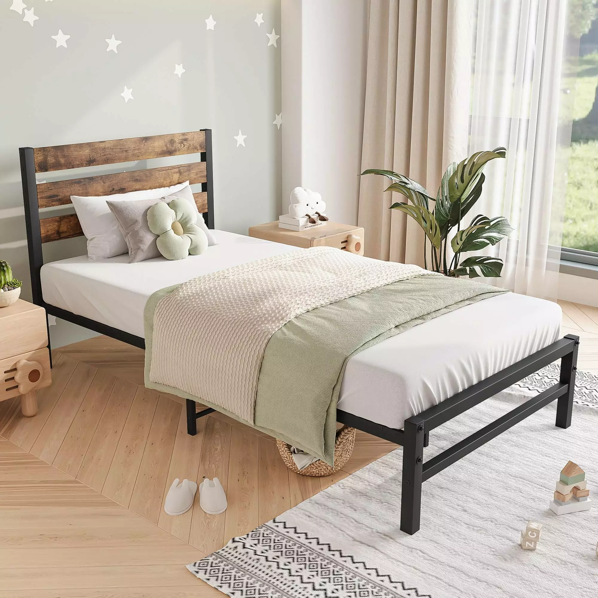 PAPROOS Twin Size Metal Bed Frame. Modern Metal Platform Bed with Wooden Headboard. Heavy Duty Single Bed Frame for Kids Teens Adults. No Box Spring Needed. Black