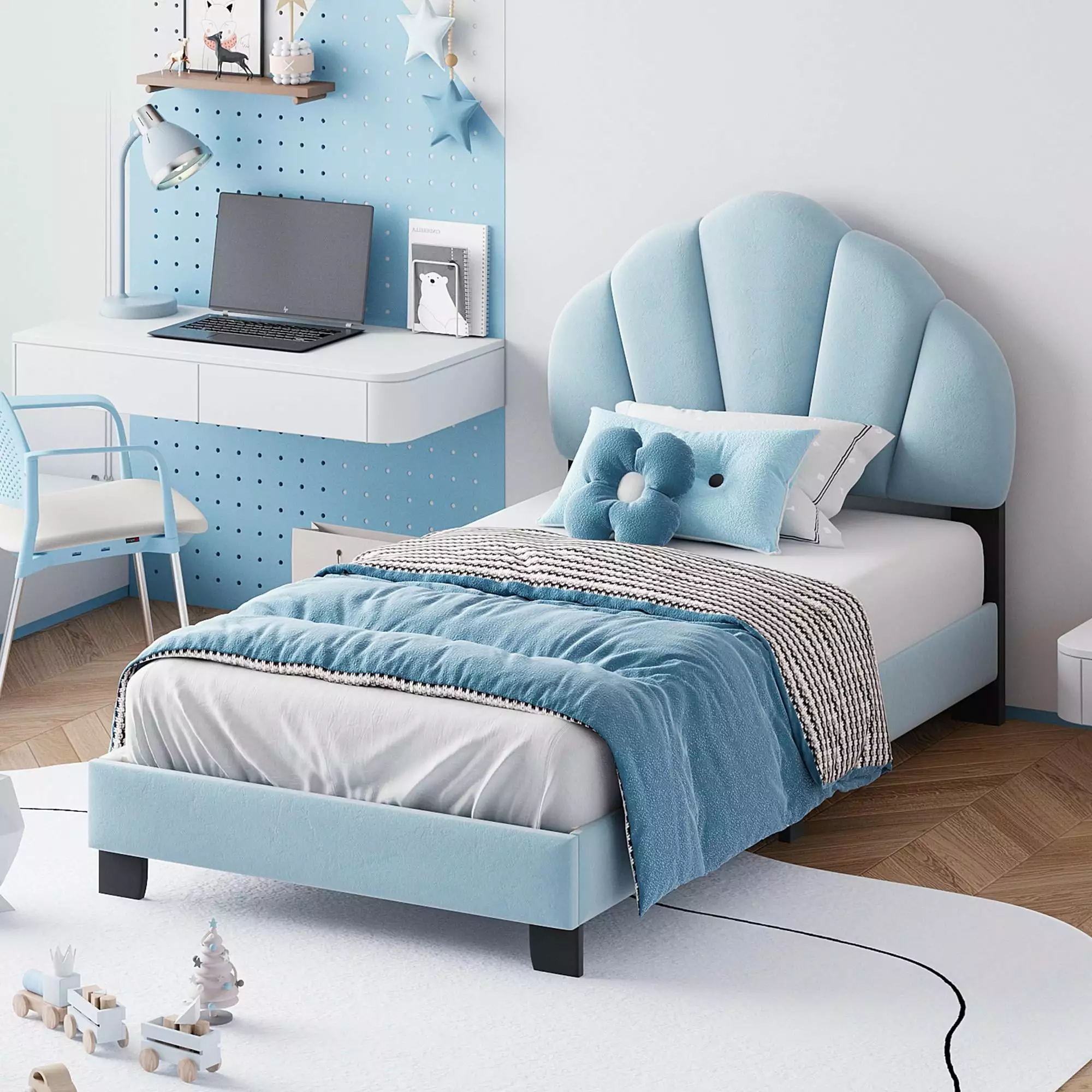 PAPROOS Upholstered Twin Bed Frame. Twin Size Upholstered Velvet Platform Bed with Shell-Shaped Headboard. Strong Wooden Slats Support. Single Bed Frame for Kids Girls. No Box Spring Needed. Blue