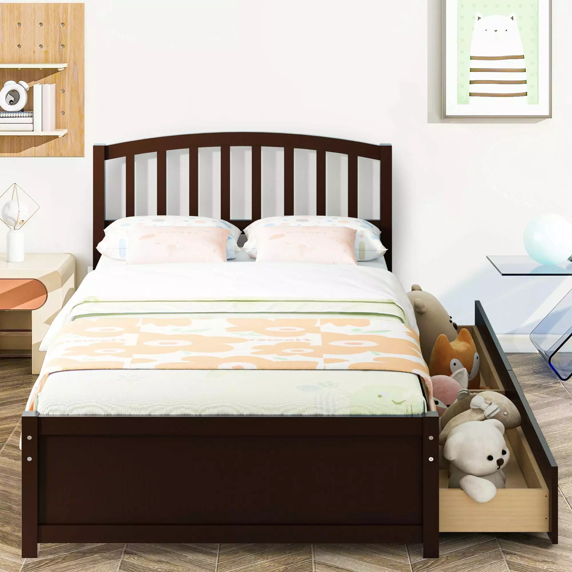 PAPROOS Wood Platform Bed with Storage. Twin Size Bed Frame with 2 Drawers. No Box Spring Needed. Espresso