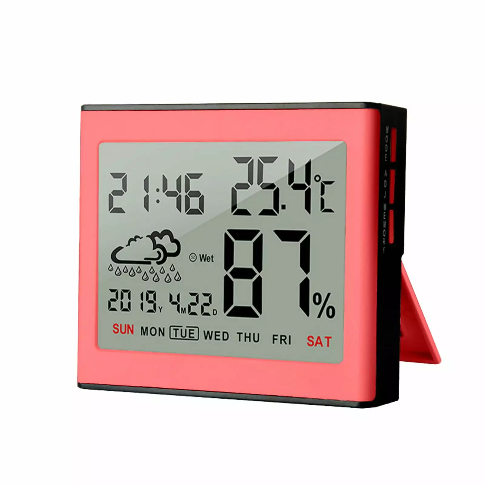 PAVEOS Multifunctional Electronic Clock with LCD Large Screen Weather Pattern Temperature and Humidity Meter Alarm Clock Pink-1 B