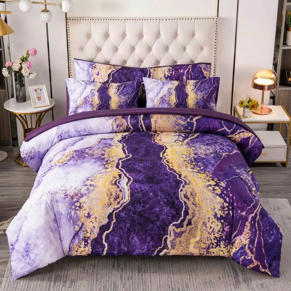 PERFEMET 6 Pcs Bed-in-A-Bag Purple Watercolor Marble Colorful Comforter Set.Ultra Soft and Lightweight Bedding Comforter Sheets Set.Luxurious Bedroom Decoration Durable Quilt Set (Purple.Queen)