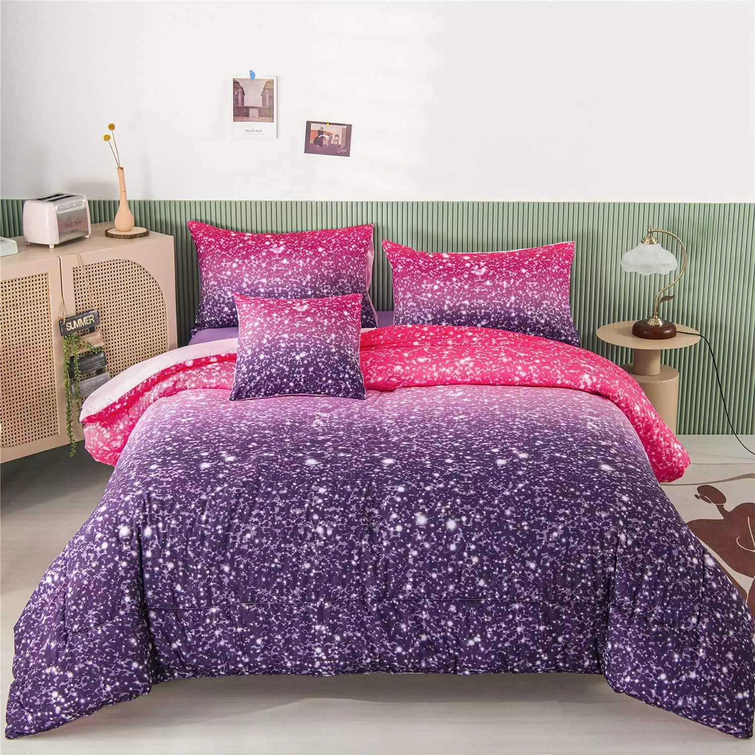 PERFEMET 6Pcs Twin Gradient Pink Purple Glitter Comforter Sets for Teens Girls Kids. Colorful Rainbow Glitter Themed Bedding Set