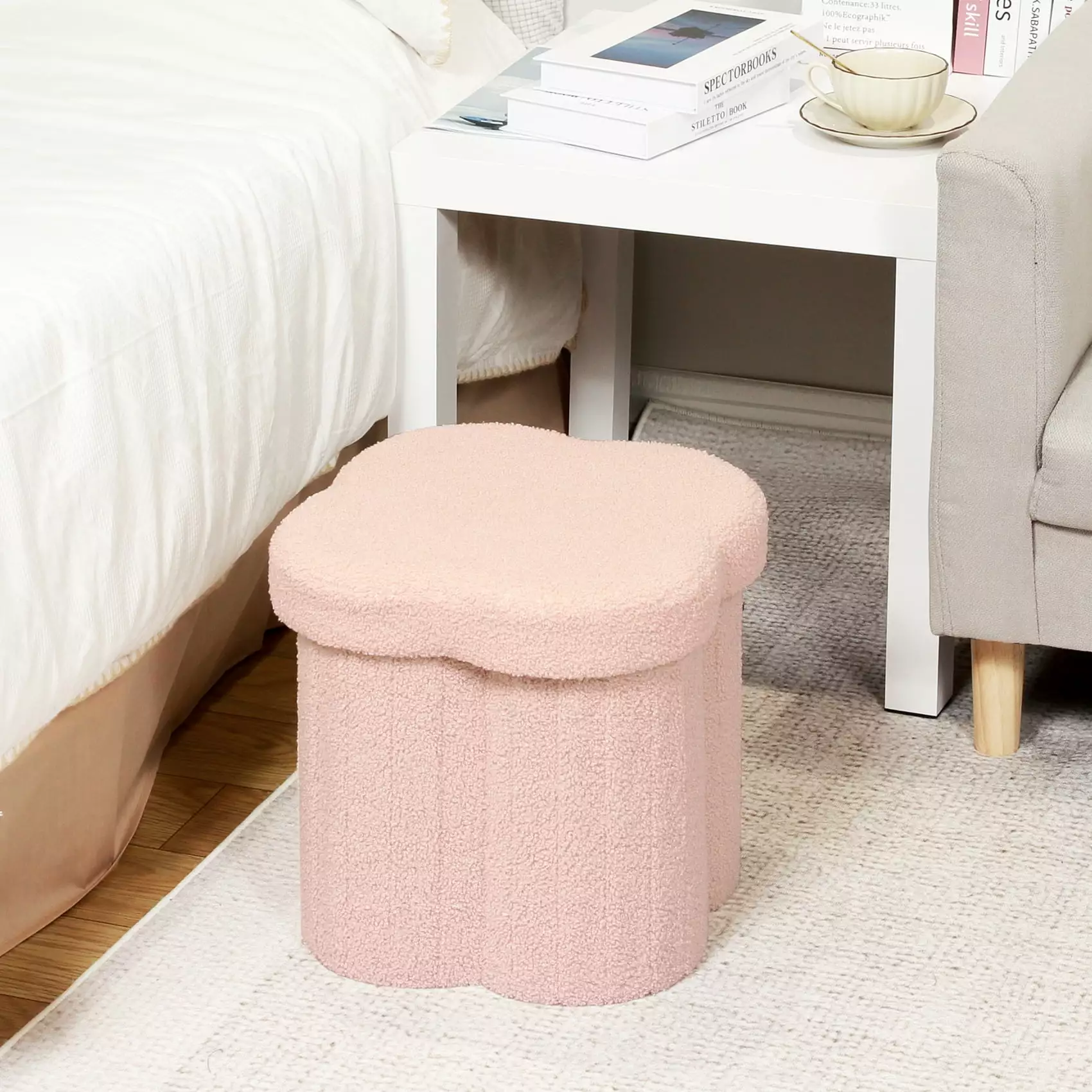 PINPLUS 12.6 Storage Ottoman.Toy Chest Box .Folding Footrest Stool Seat.Flower Shape.Sherpa Fabric.Pink